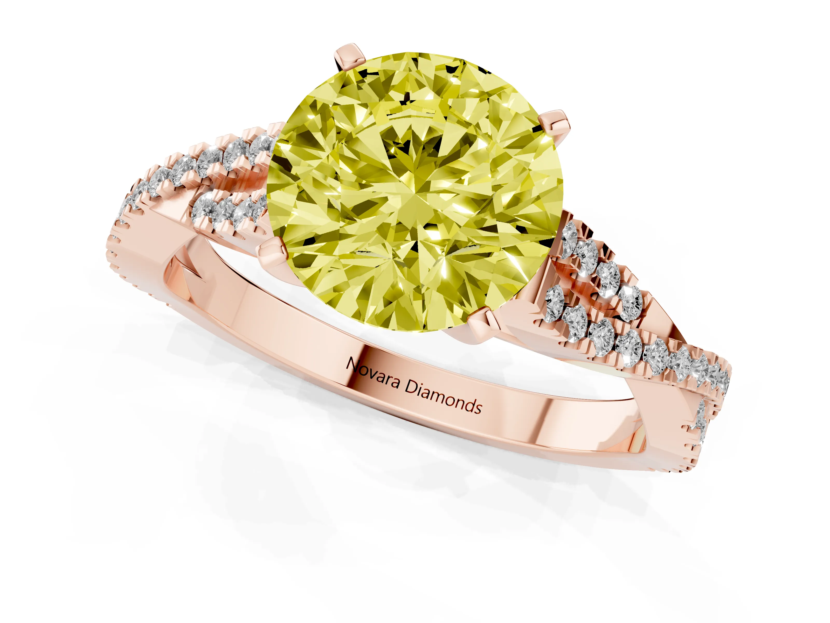 Fancy Yellow Round Cut Diamond Solitaire Engagement Ring Set in Rose gold with Twisted Pavé Band and Prong Setting