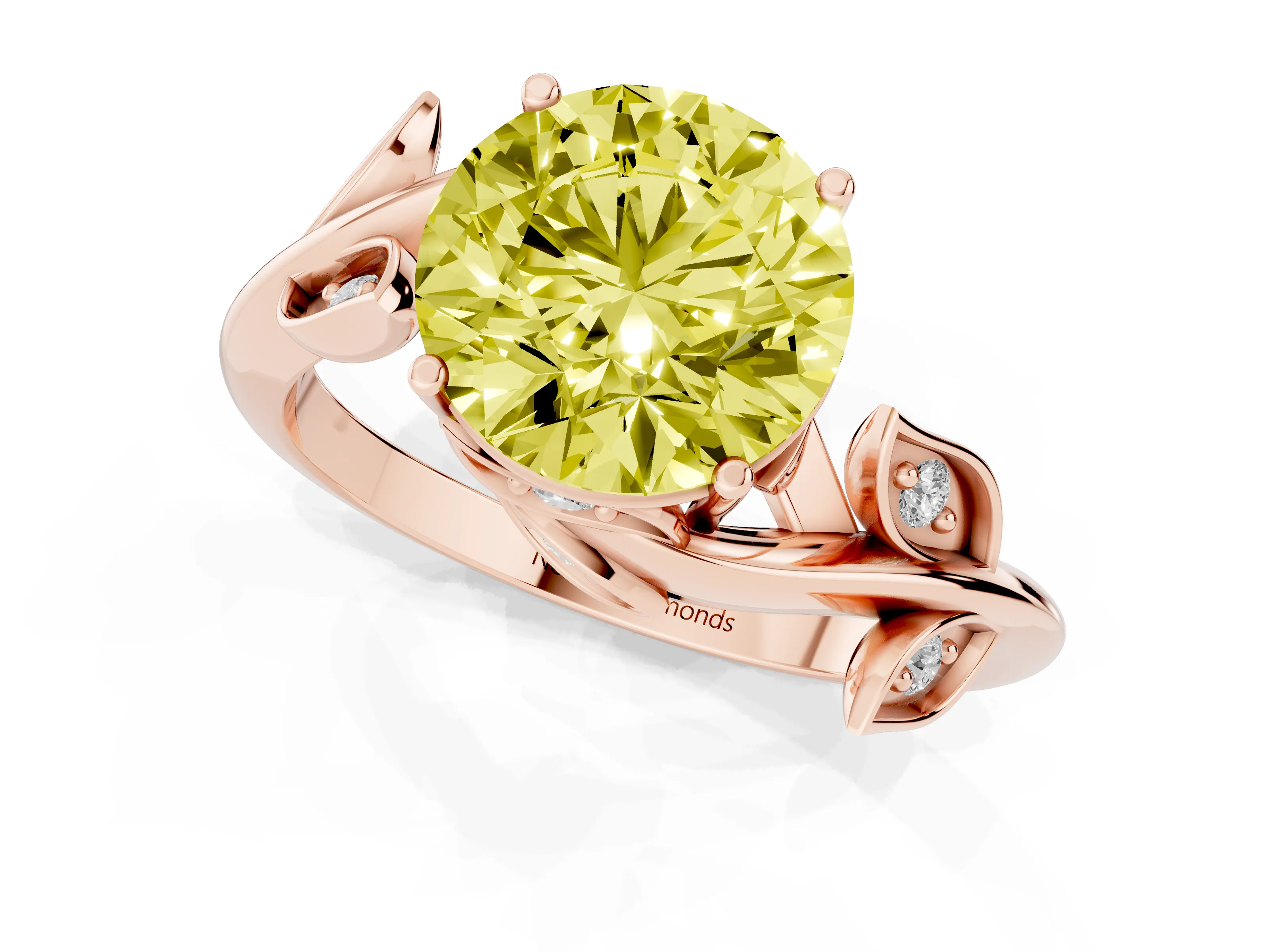 Fancy Yellow Round Cut Diamond Solitaire Twist Engagement Ring Set in Rose gold with Pavé Leaf Accents