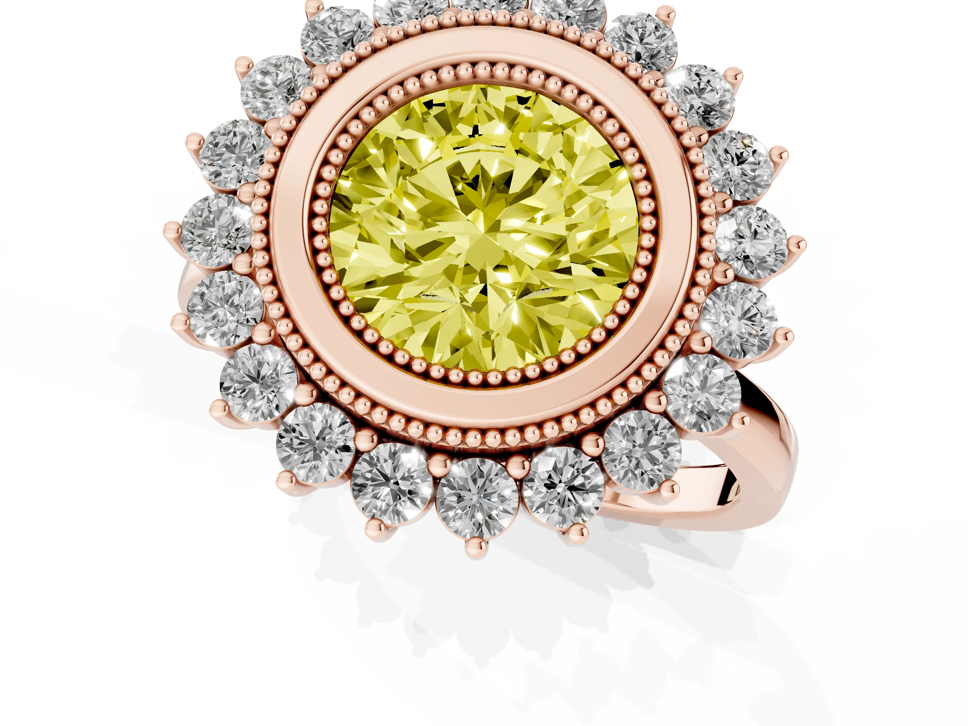 Fancy Yellow Round Cut Diamond Halo Ring Set in Rose gold with Milgrain Edge and Round Prong Setting