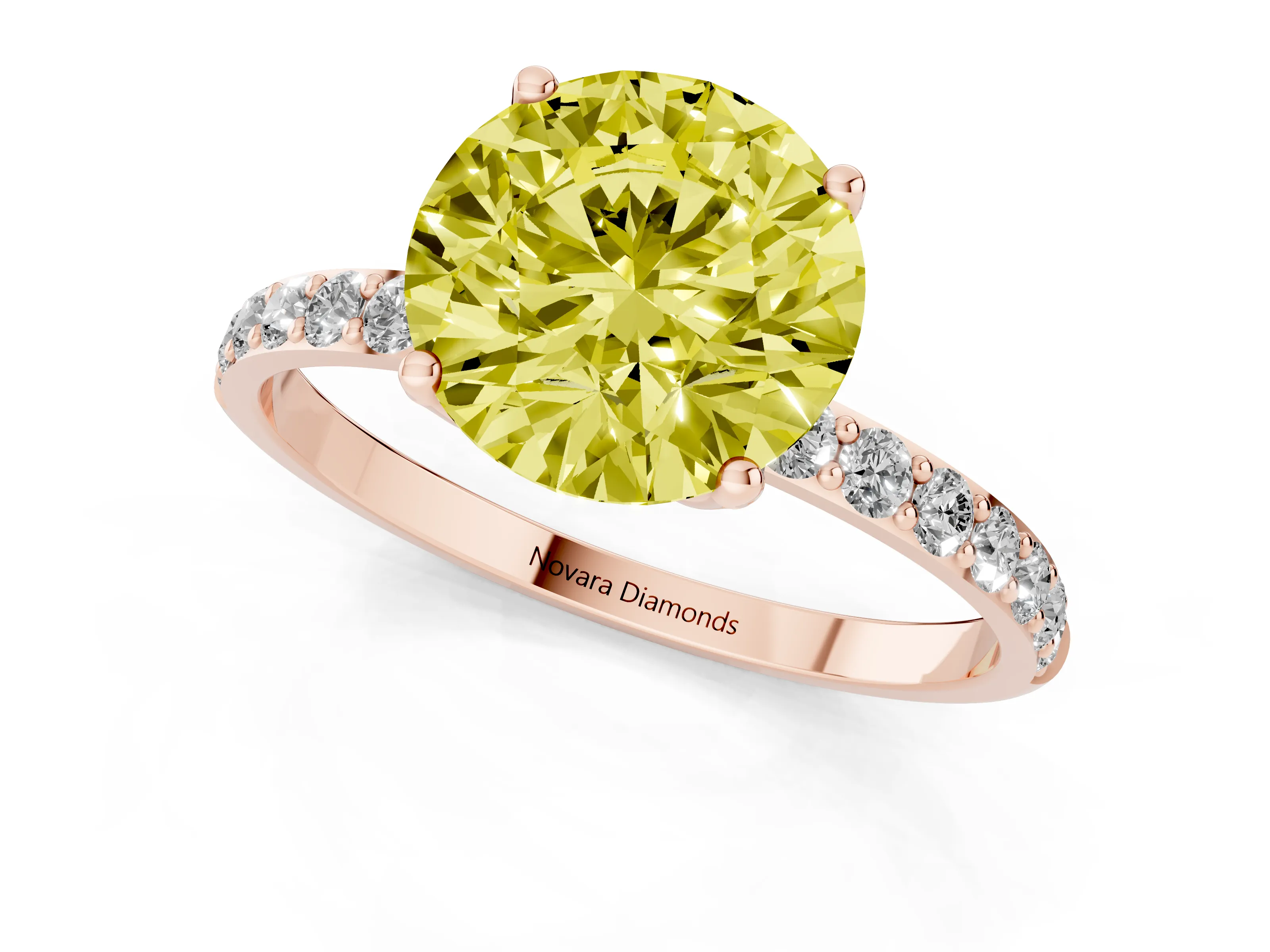 Fancy Yellow Round Cut Diamond Solitaire Engagement Ring Set in Rose gold with Round Pavé Band and Prong Setting