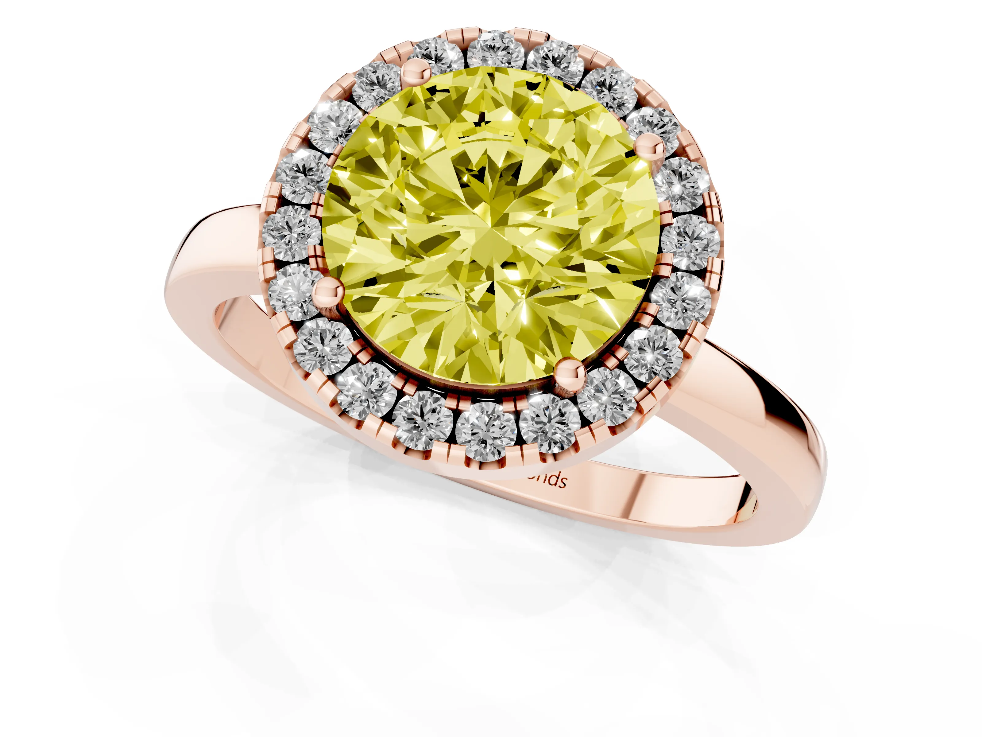 Fancy Yellow Round Cut Diamond Halo Solitaire Ring Set in Rose gold with Pavé Band and Prong Setting