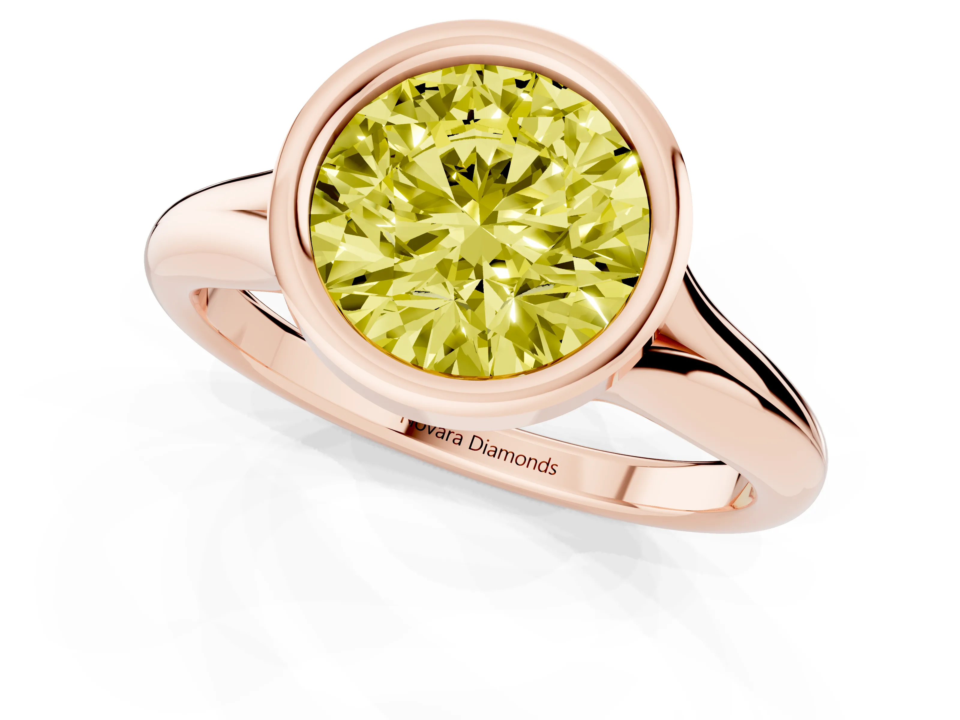 Fancy Yellow Bezel Set Round Cut Diamond Solitaire Ring Set in Rose gold with Smooth Band