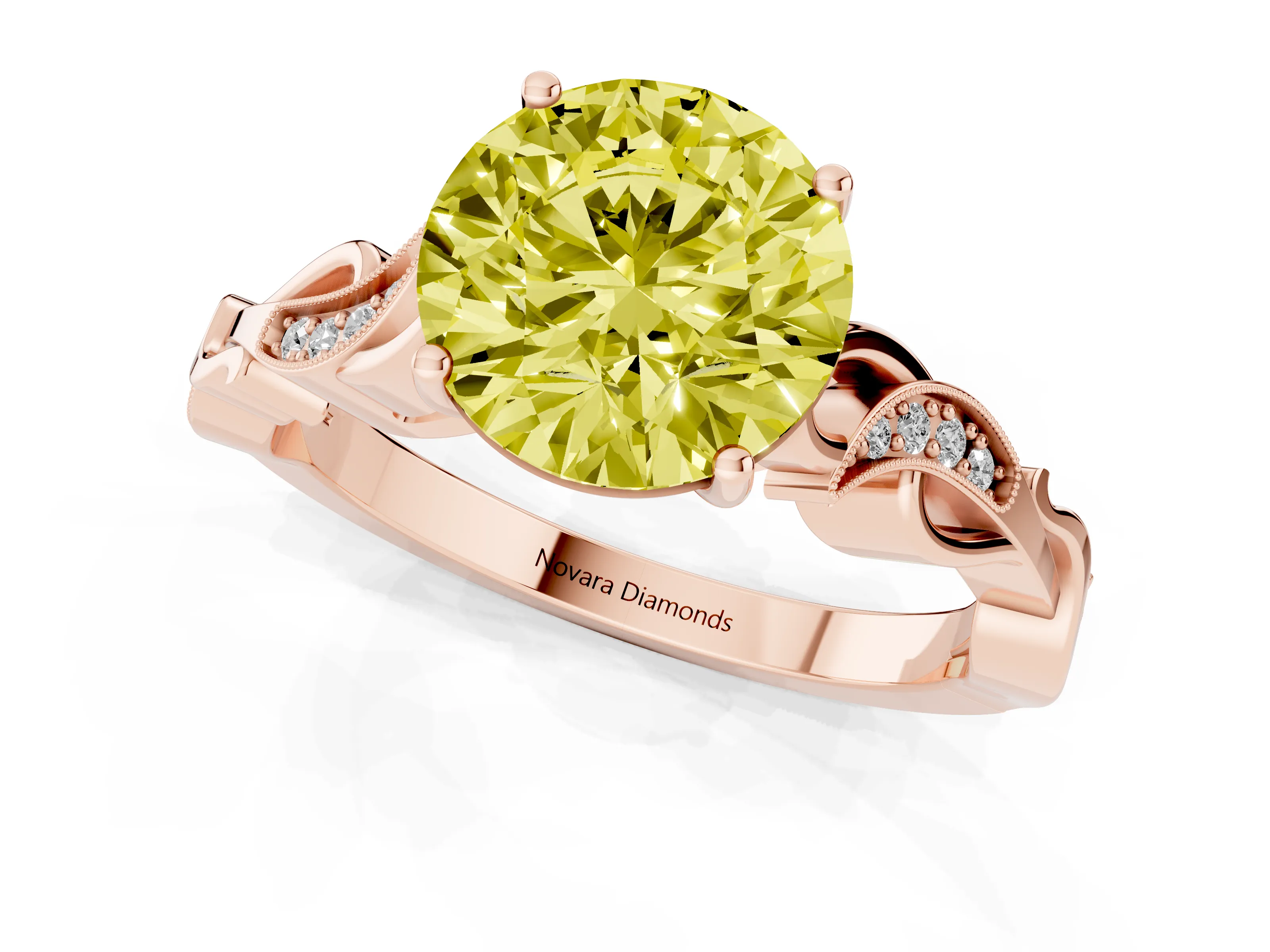Fancy Yellow Round Cut Diamond Vine Band Solitaire Ring Set in Rose gold with Milgrain Prong Setting