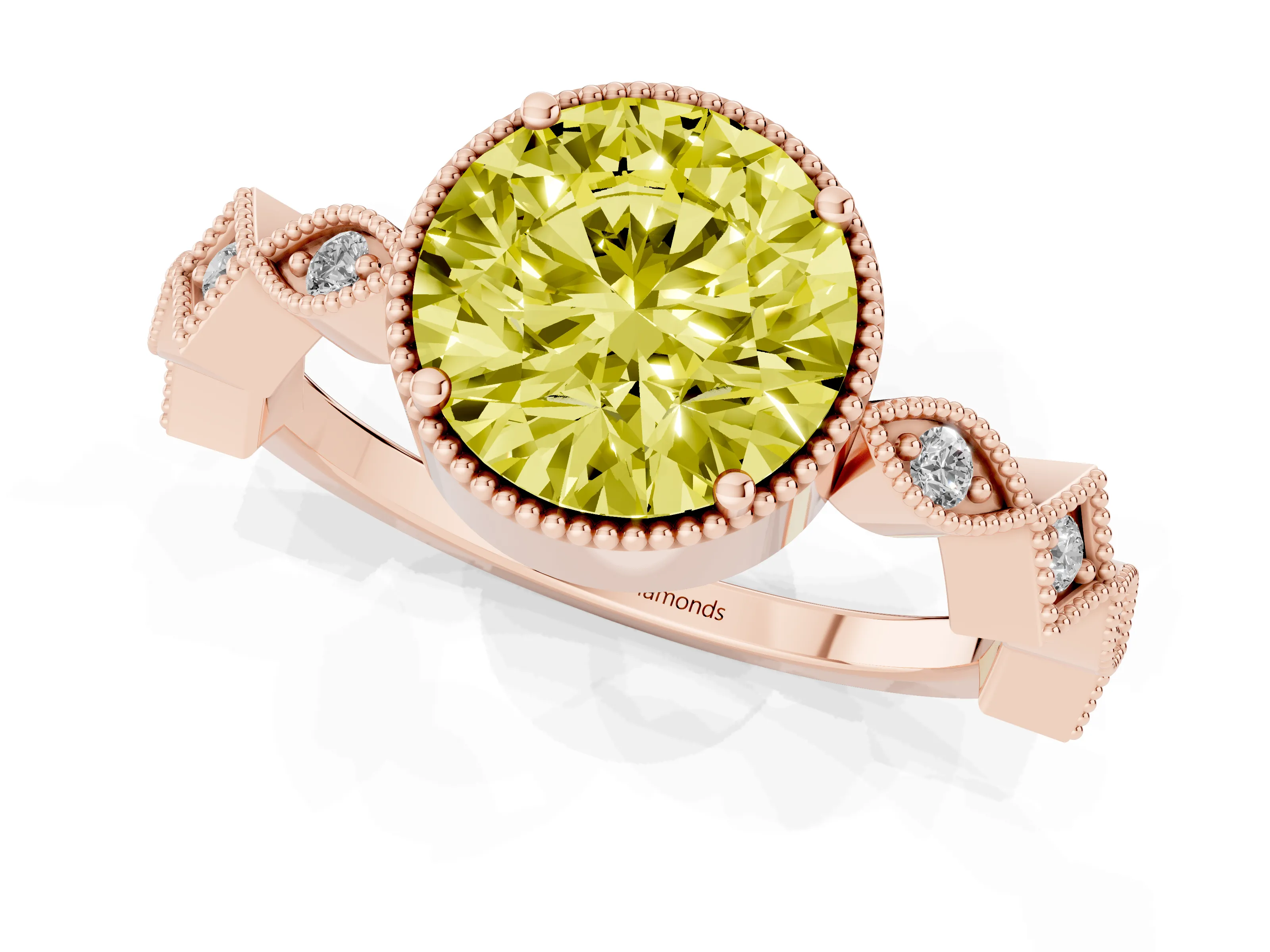 Fancy Yellow Round Cut Diamond Milgrain Marquise Twist Band Ring Set in Rose gold with Prong Setting
