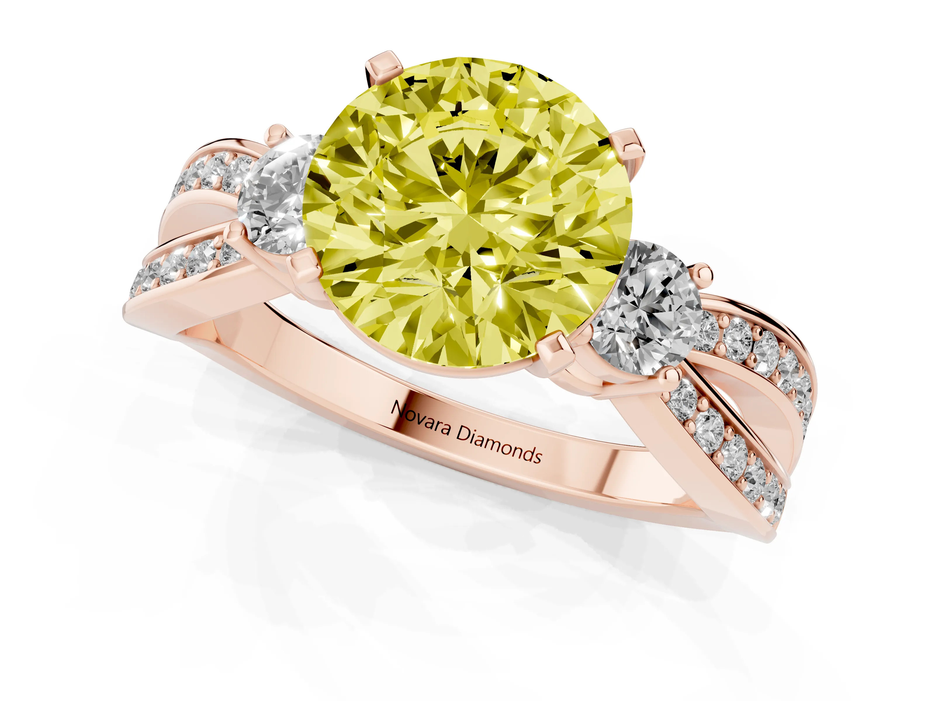 Fancy Yellow Three-Stone Round Cut Diamond Twist Band Ring Set in Rose gold with Pavé Accents and Prong Setting