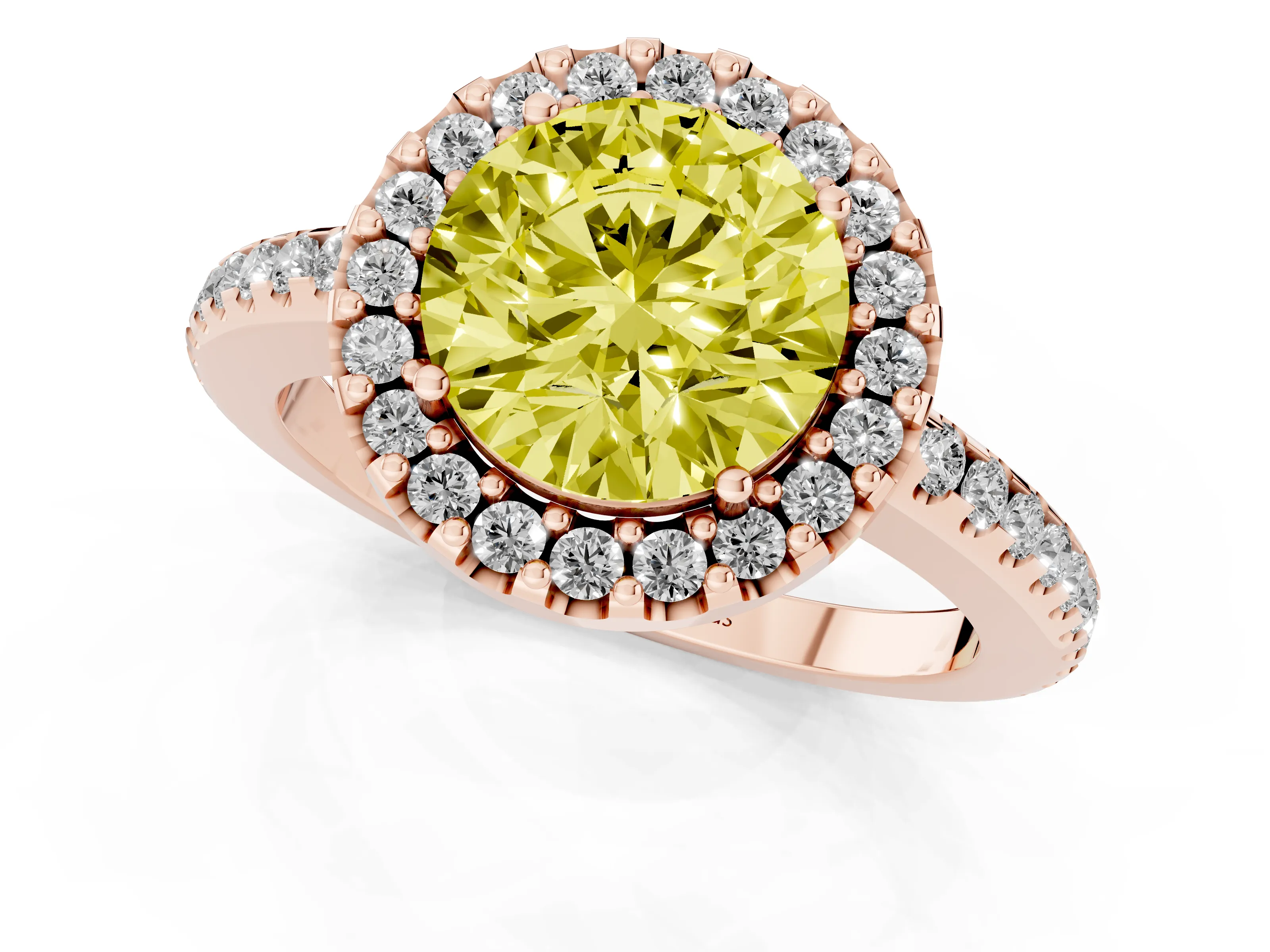 Fancy Yellow Round Cut Diamond Pavé Halo Ring Set in Rose gold with Prong Setting