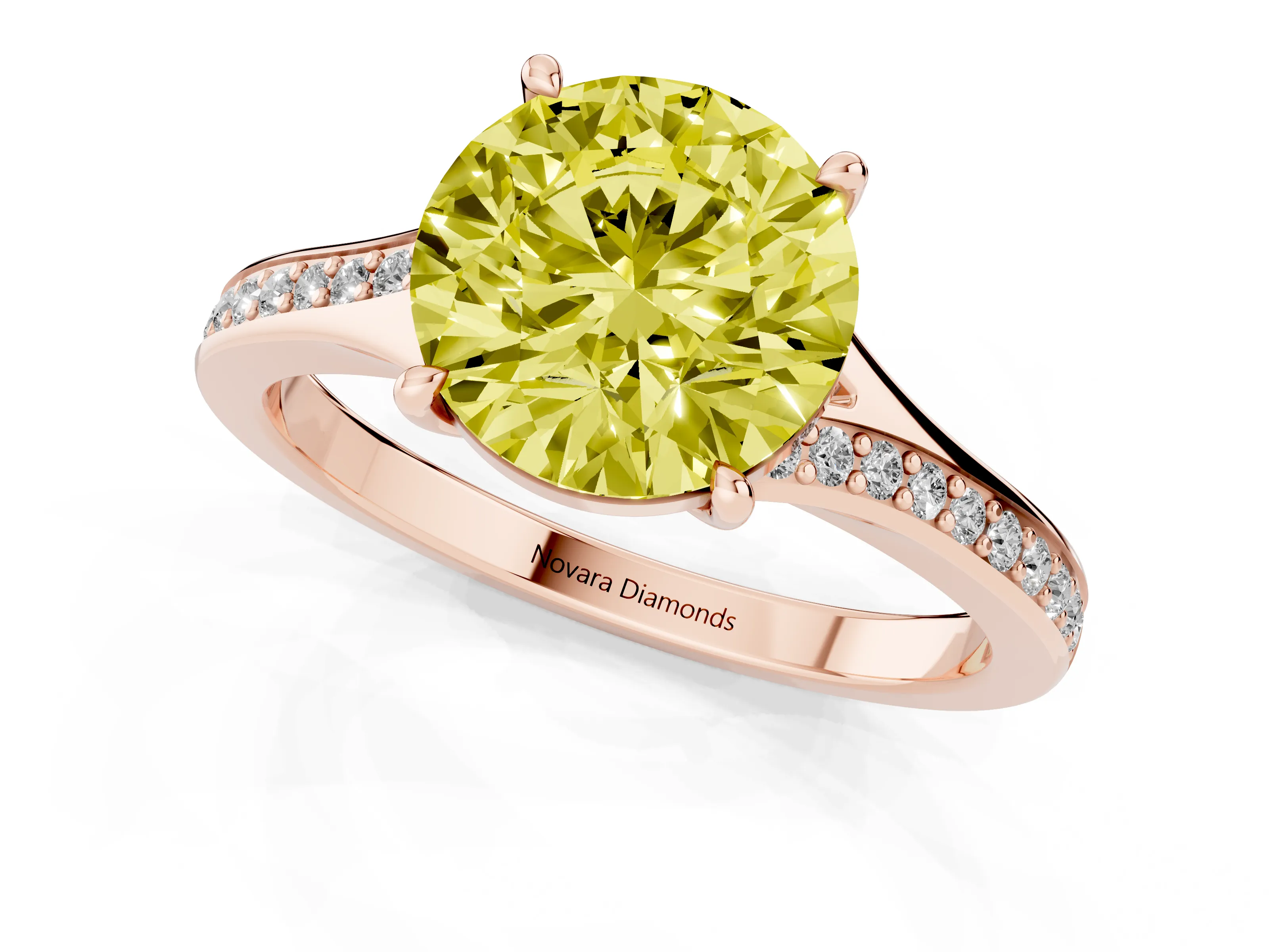 Fancy Yellow Round Cut Diamond Solitaire Ring Set in Rose gold with Pavé Accent Band and Classic Prong Setting