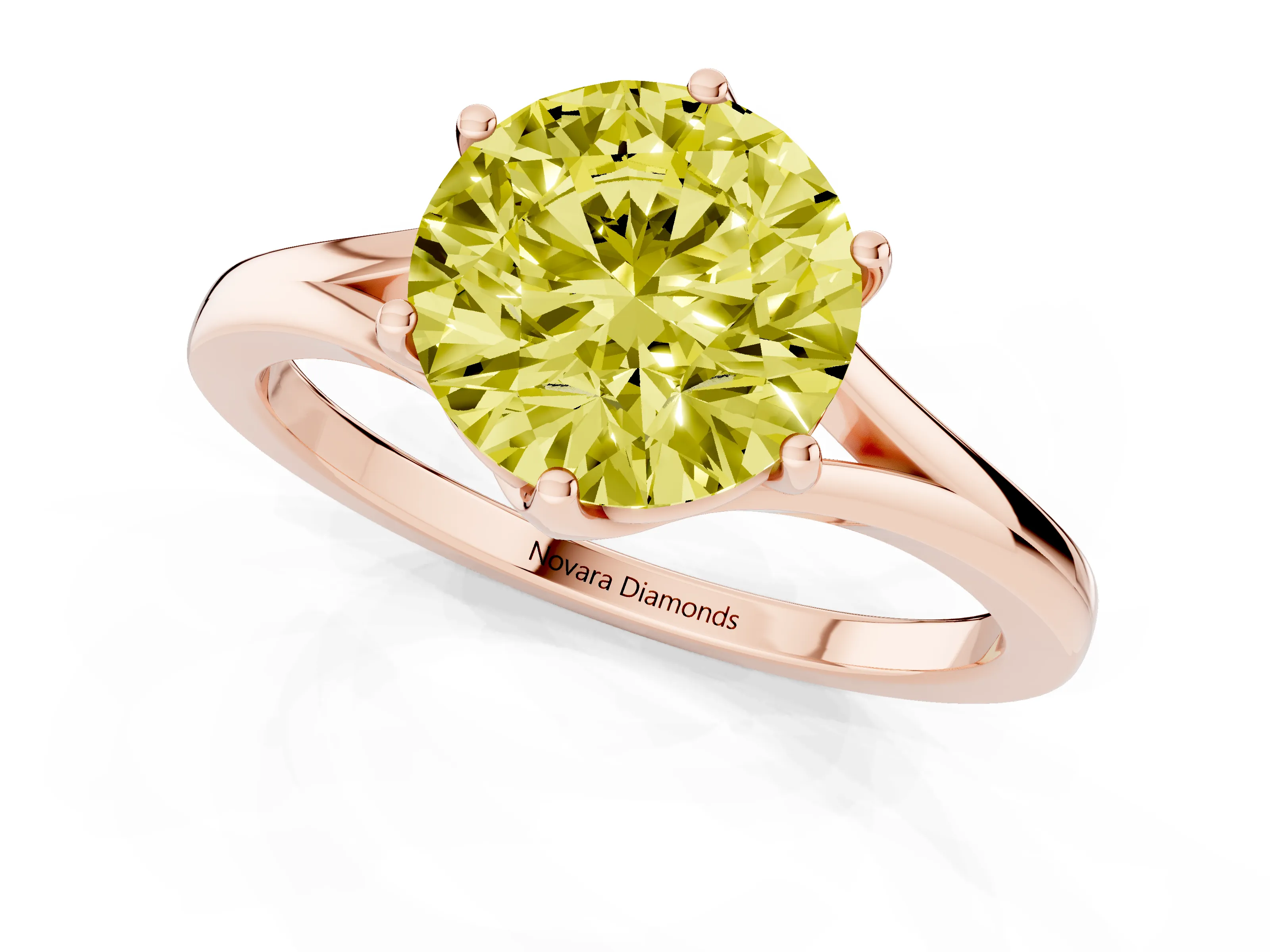 Fancy Yellow Round Cut Diamond Solitaire Ring Set in Rose gold with Polished Tapered Band and Prong Setting