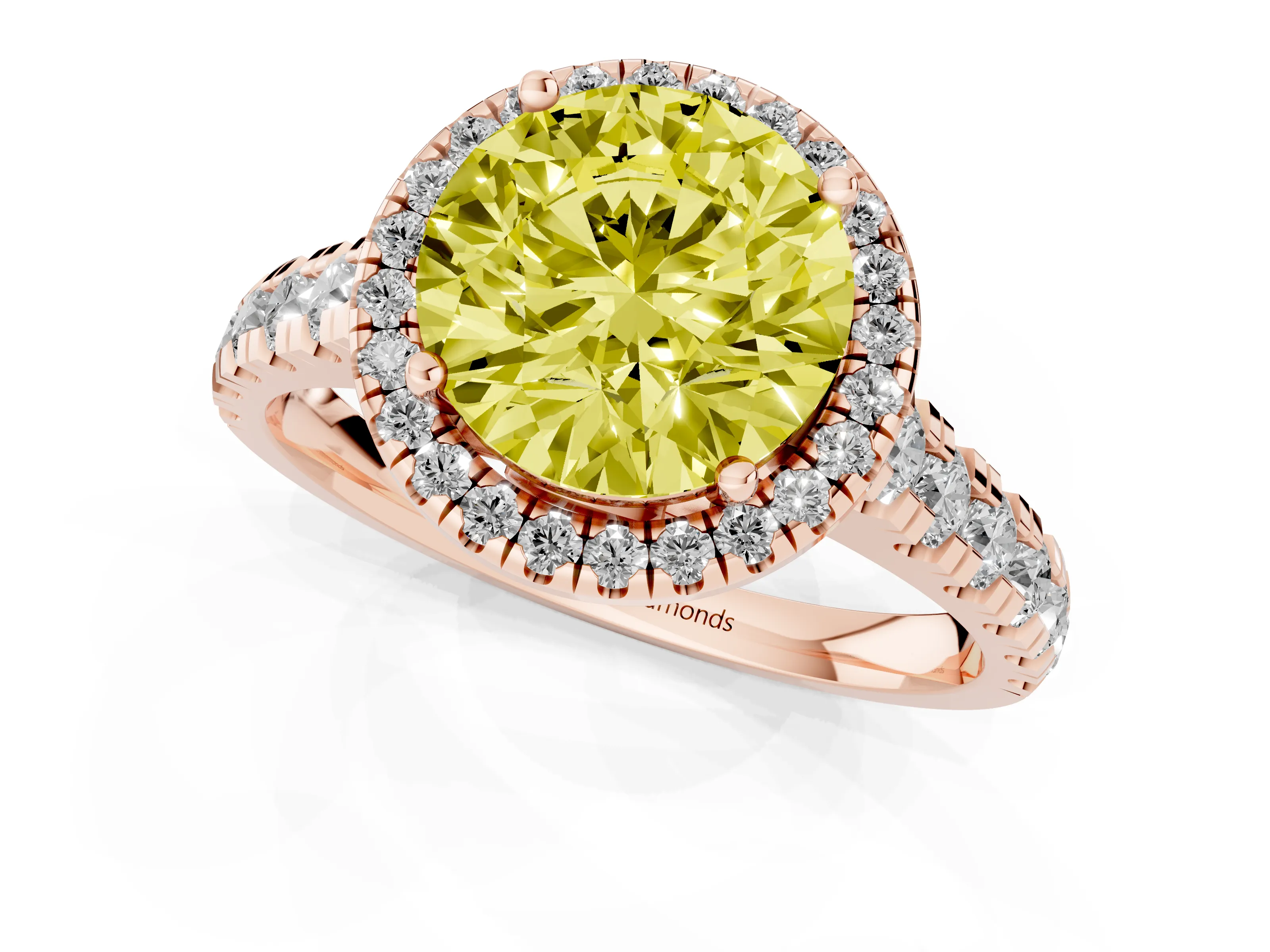 Fancy Yellow Round Cut Diamond Halo Engagement Ring Set in Rose gold with Pavé Band and Prong-Set Center