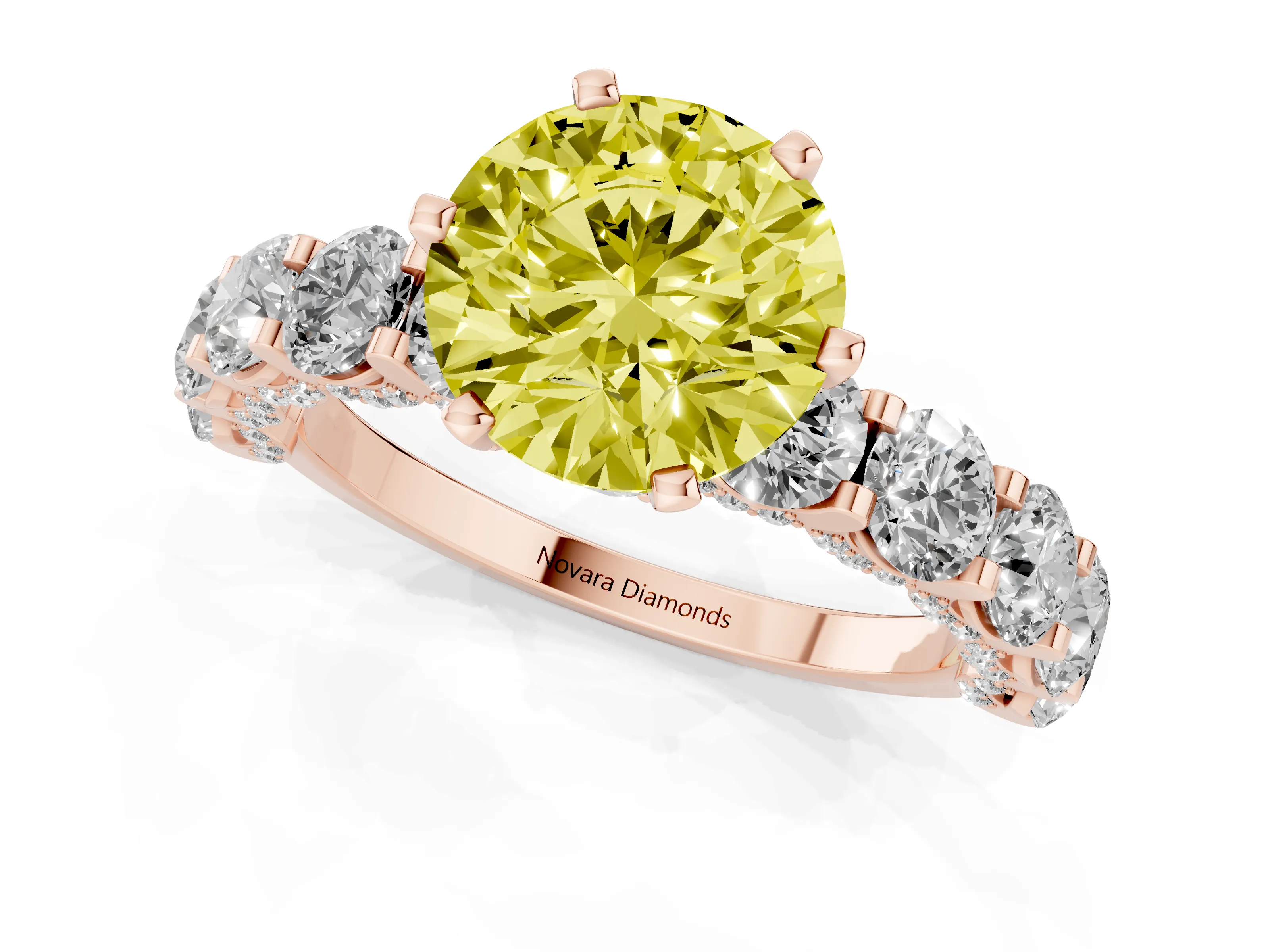 Fancy Yellow Round Cut Diamond Side Stone Ring Set in Rose gold with Alternating Round and Oval Side Stones