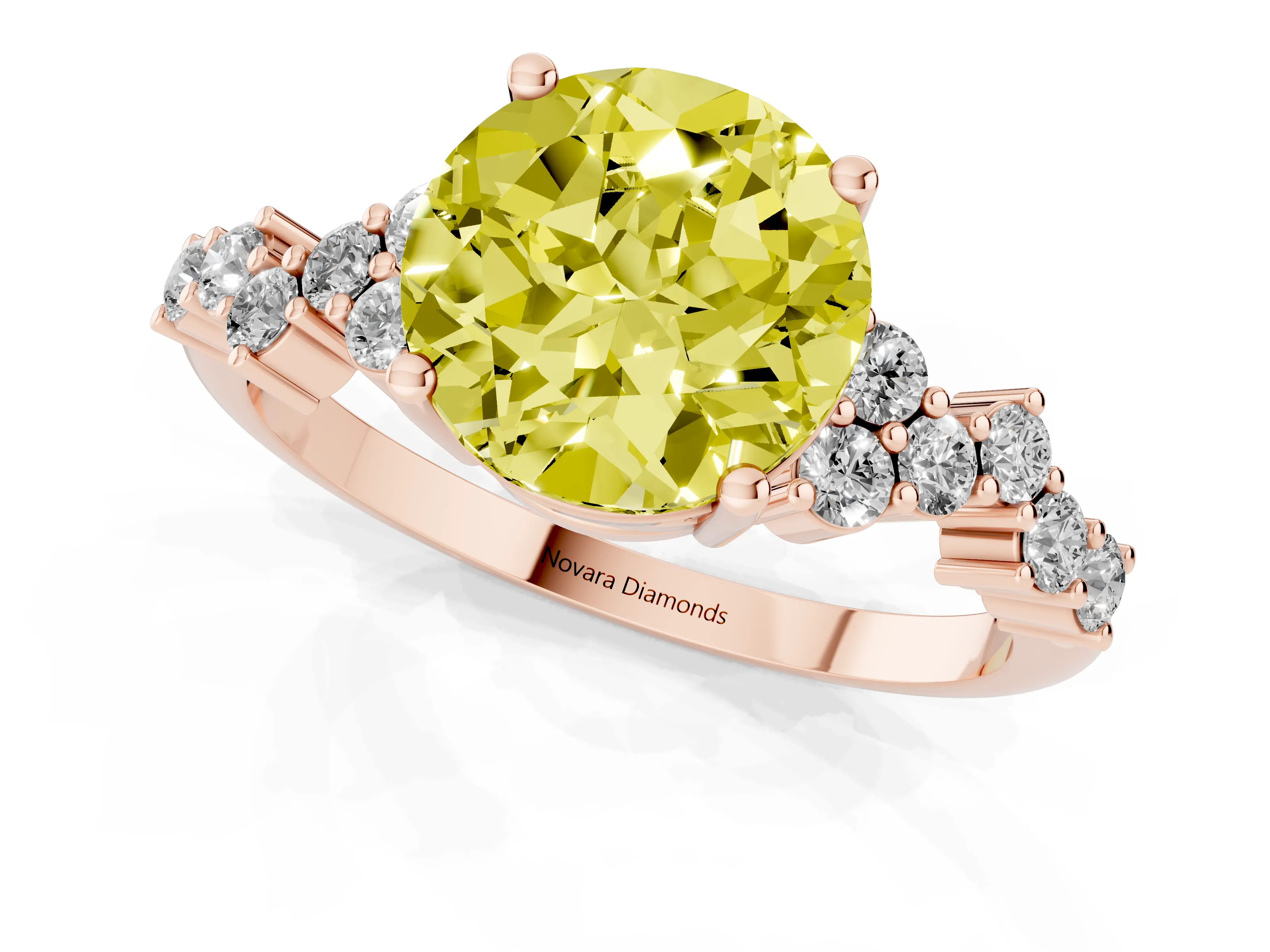 Fancy Yellow Round Cut Diamond Ring Set in Rose gold with Scattered Round Accents