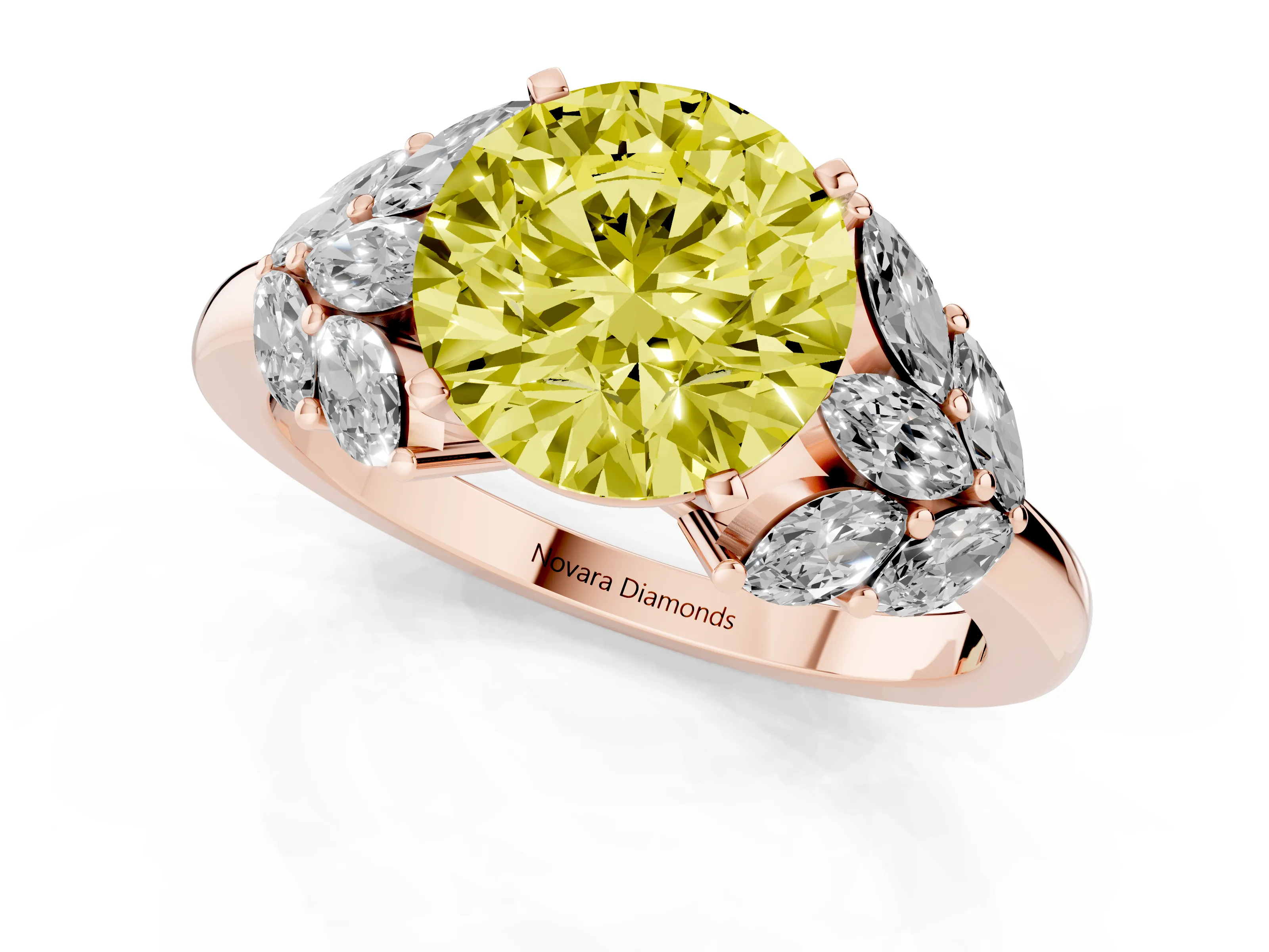 Fancy Yellow Round Cut Diamond Cluster Leaf Design Ring Set in Rose gold with Prong Setting