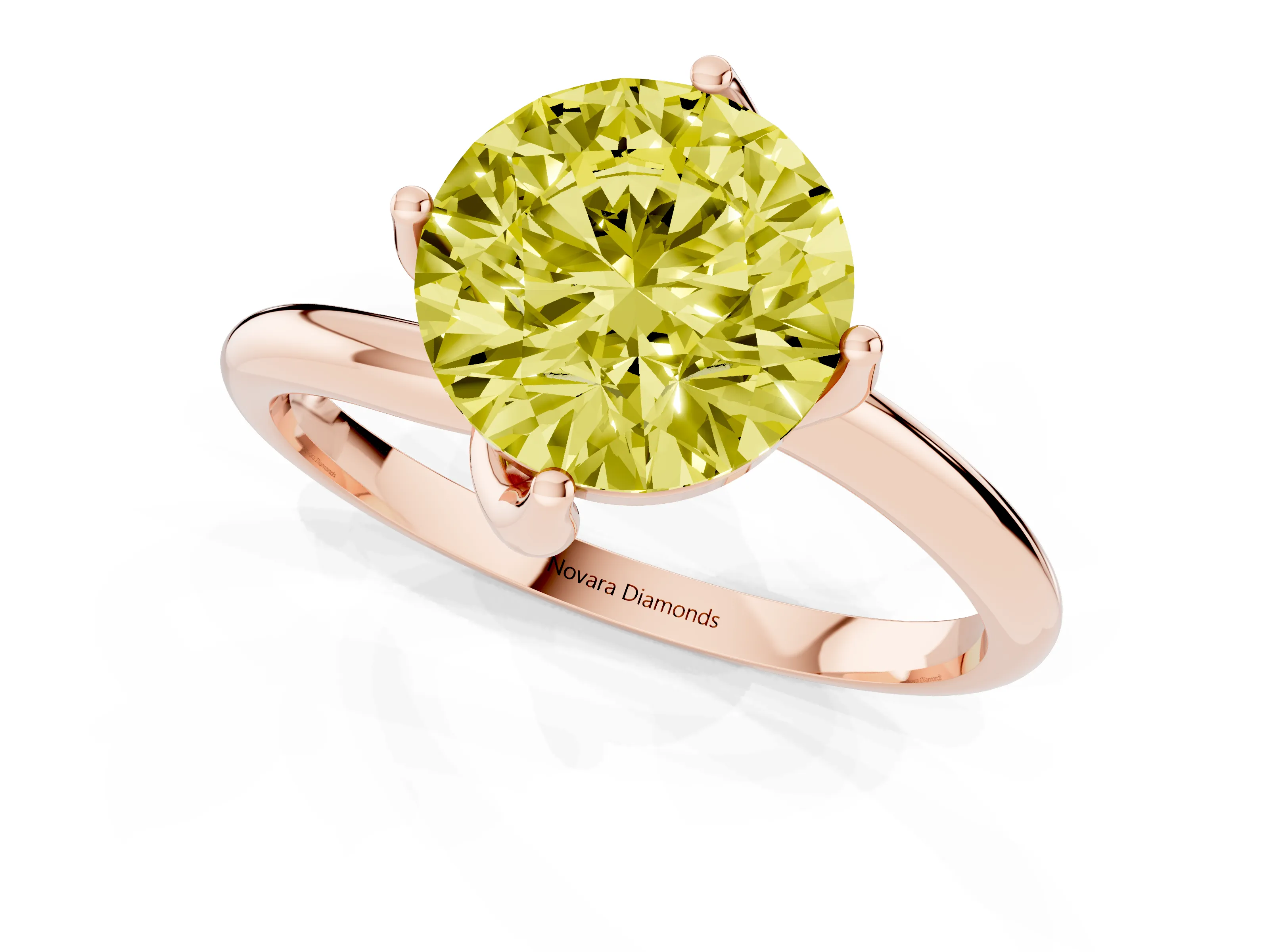 Fancy Yellow Round Cut Diamond Solitaire Engagement Ring Set in Rose gold with Classic Plain Band