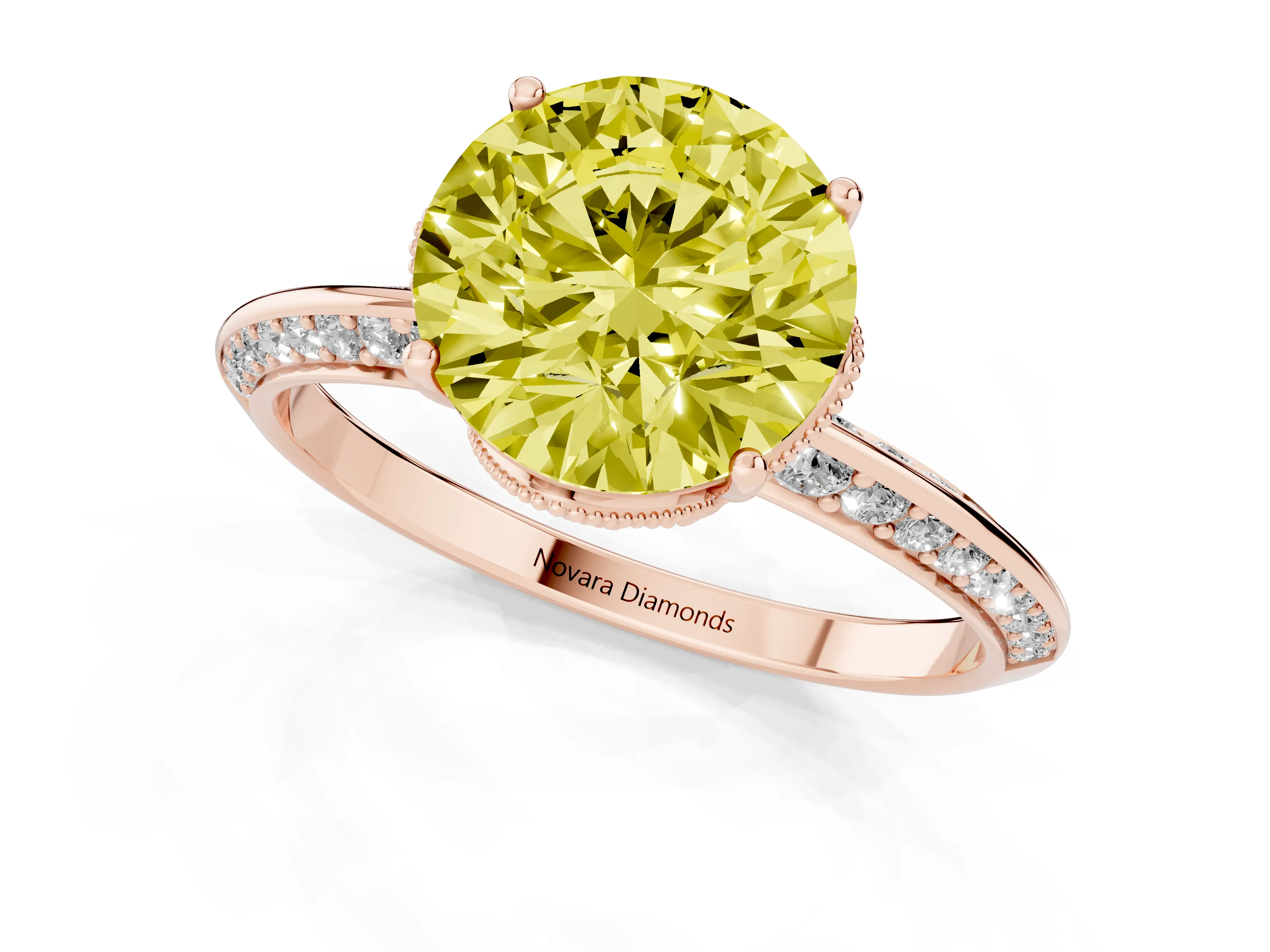 Fancy Yellow Round Cut Diamond Solitaire Engagement Ring Set in Rose gold with Pavé Split Shank and Prong Setting