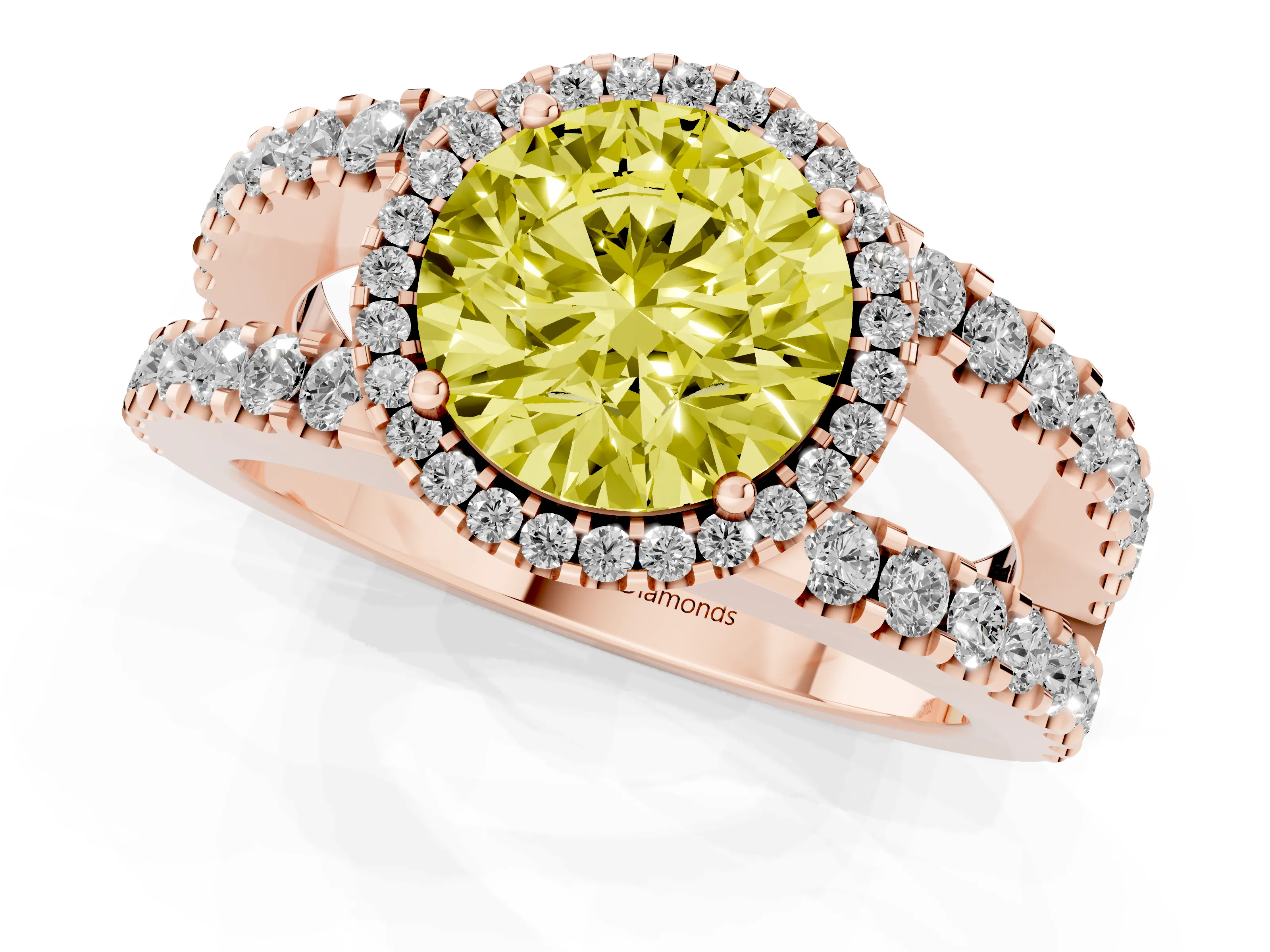 Fancy Yellow Round Cut Diamond Halo Ring Set in Rose gold with Pavé Split Shank and Prong Setting