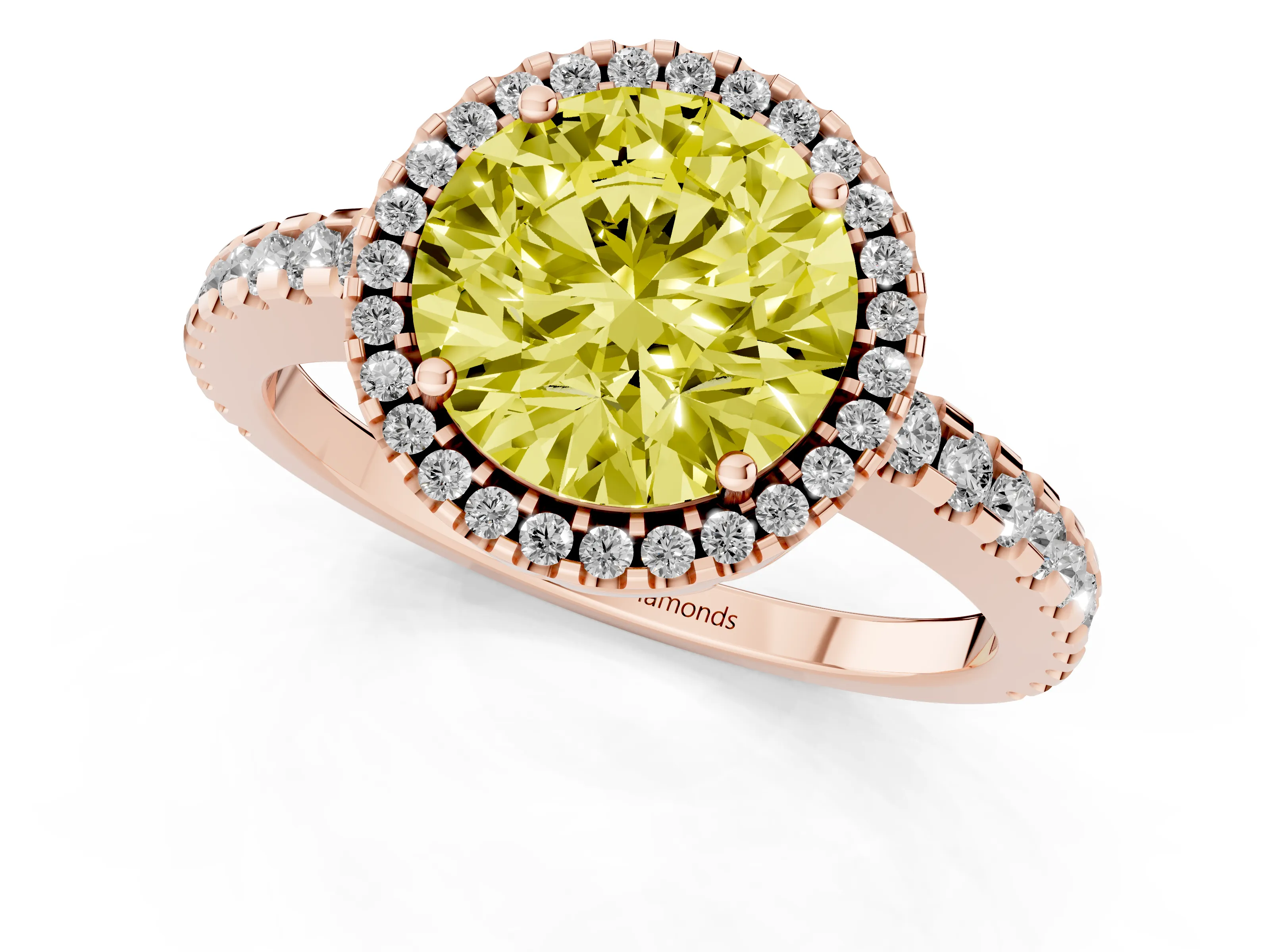 Fancy Yellow Round Cut Diamond Halo Ring Set in Rose gold with Pavé Shoulders and Halo-Framed Center