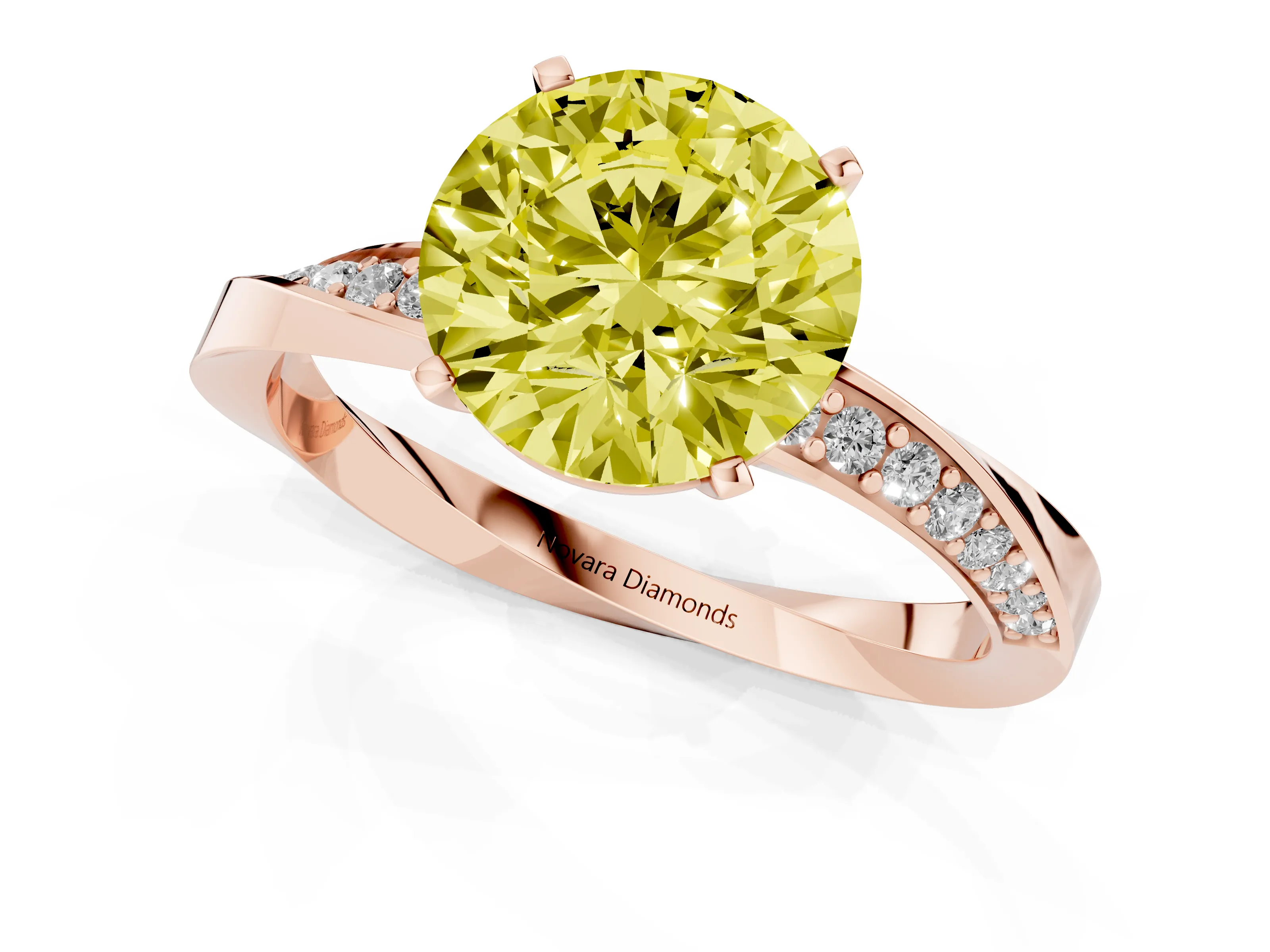 Fancy Yellow Round Cut Diamond Engagement Ring Set in Rose gold with Side Stone Accents and Prong Setting