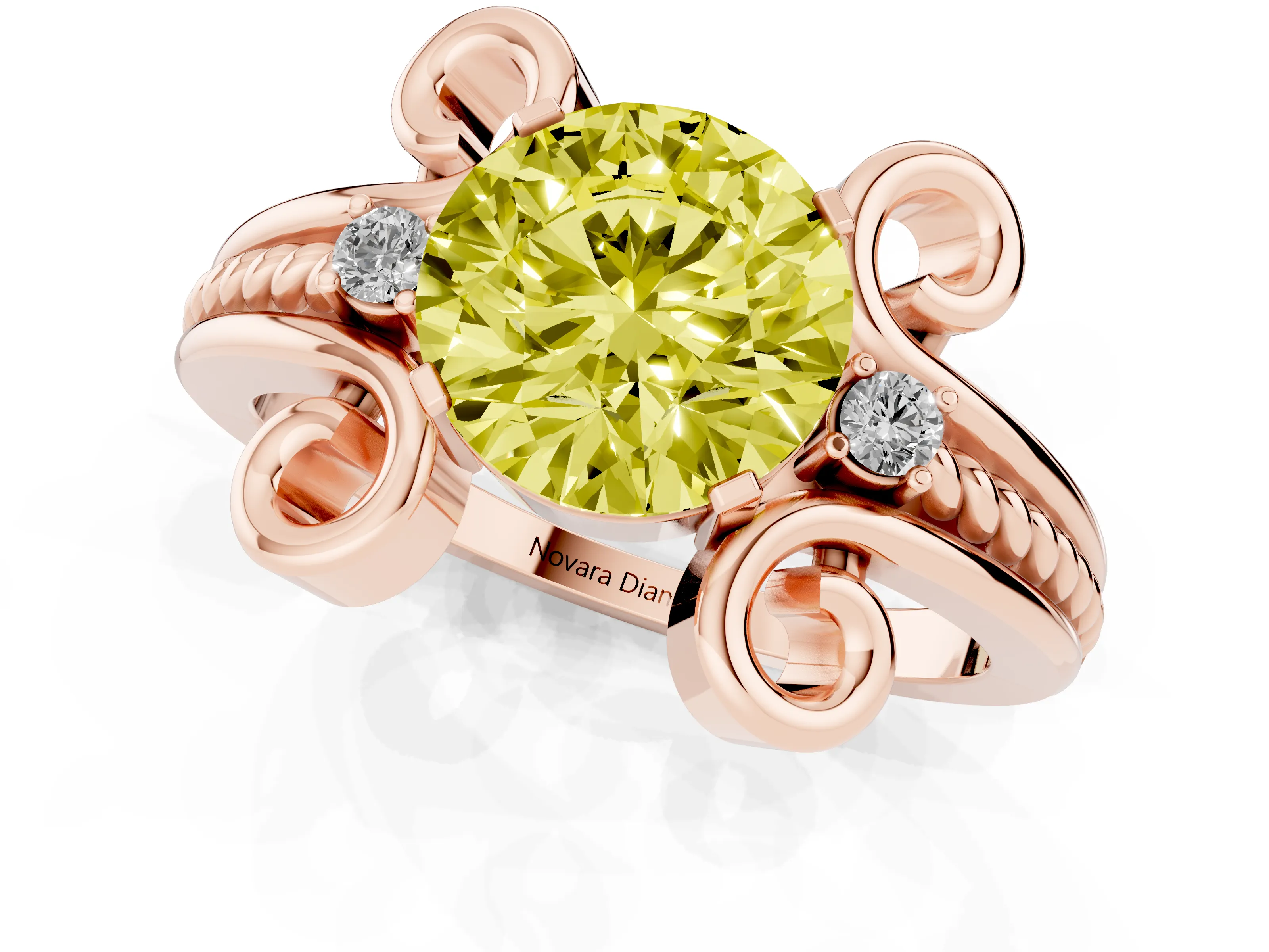 Fancy Yellow Round Cut Diamond Twisted Band Solitaire Ring Set in Rose gold with Scroll Prongs