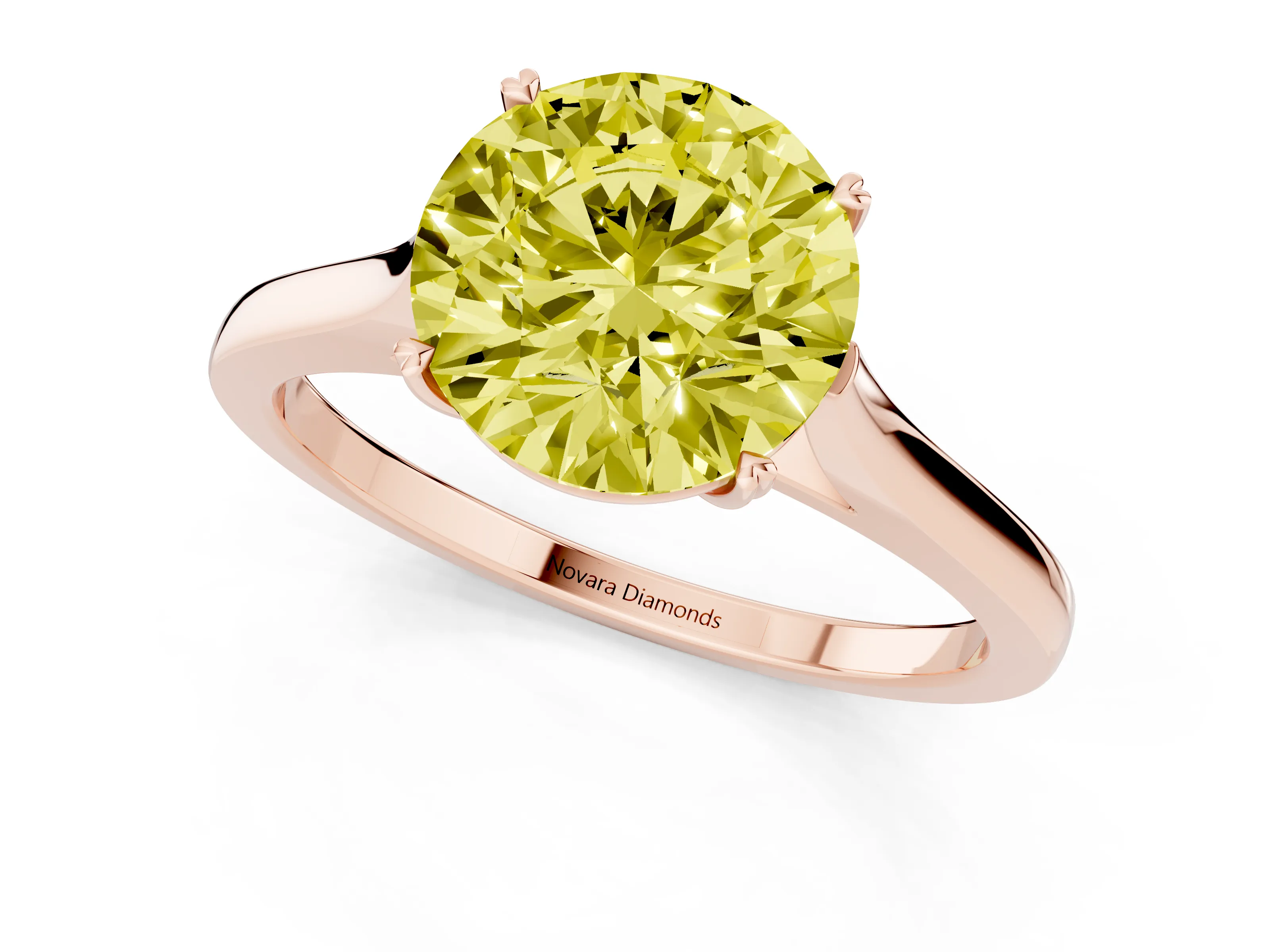 Fancy Yellow Round Cut Diamond Solitaire Heart Prong Engagement Ring Set in Rose gold with Tapered Band