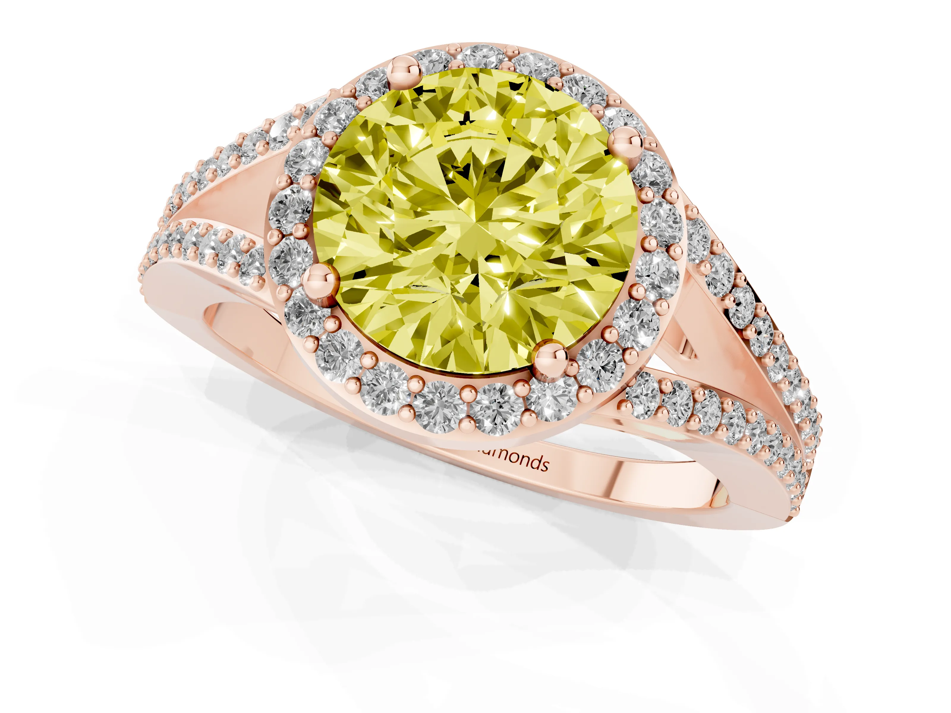 Fancy Yellow Round Cut Diamond Halo Split Shank Pavé Ring Set in Rose gold with Prong Setting
