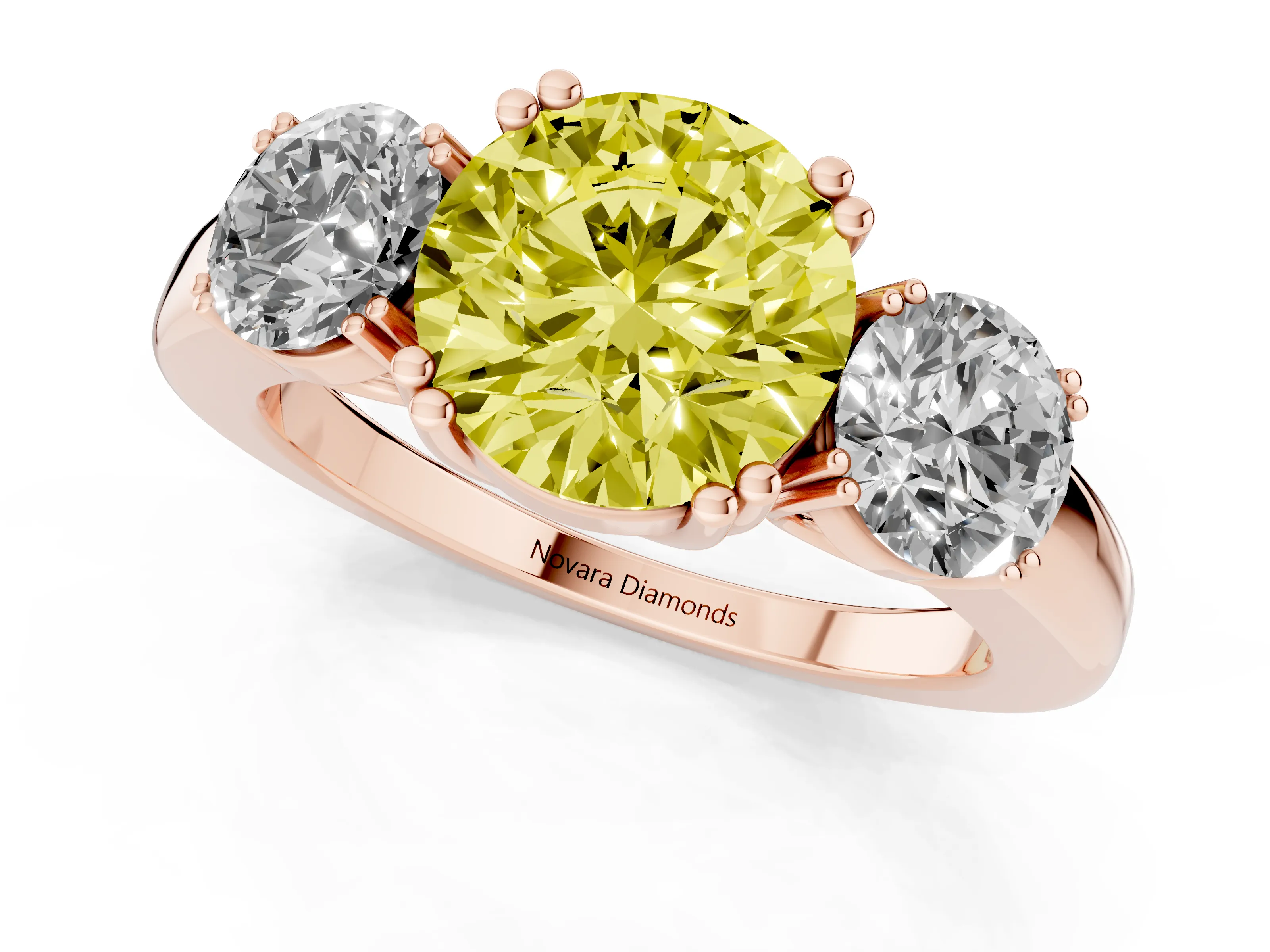 Fancy Yellow Round Cut Diamond Three-Stone Ring Set in Rose gold with Polished Channel-Set Band