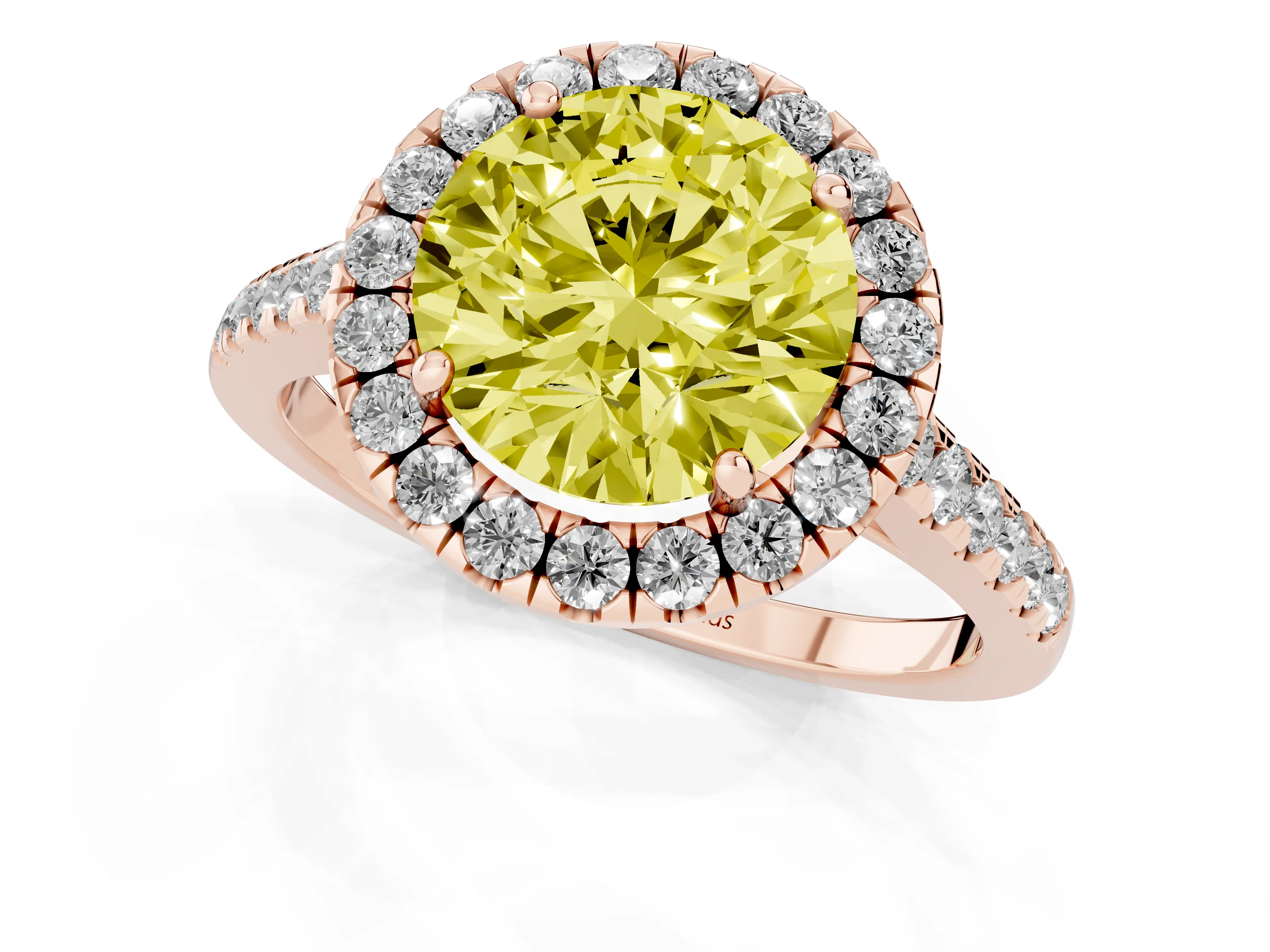 Fancy Yellow Round Cut Diamond Halo Pavé Engagement Ring Set in Rose gold with Prong Setting