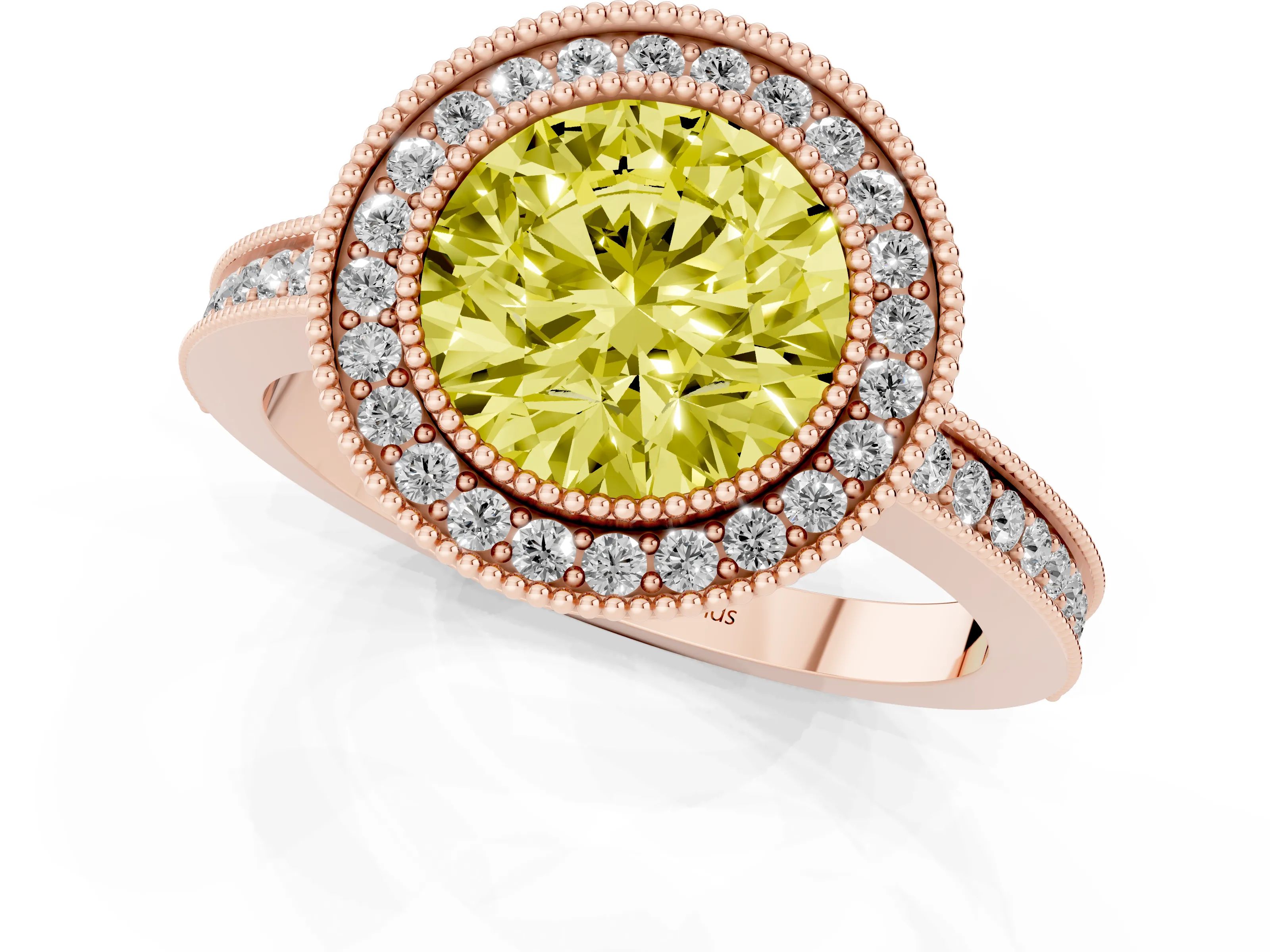 Fancy Yellow Round Cut Diamond Halo Ring Set in Rose gold with Pavé Band and Milgrain-Edged Prongs