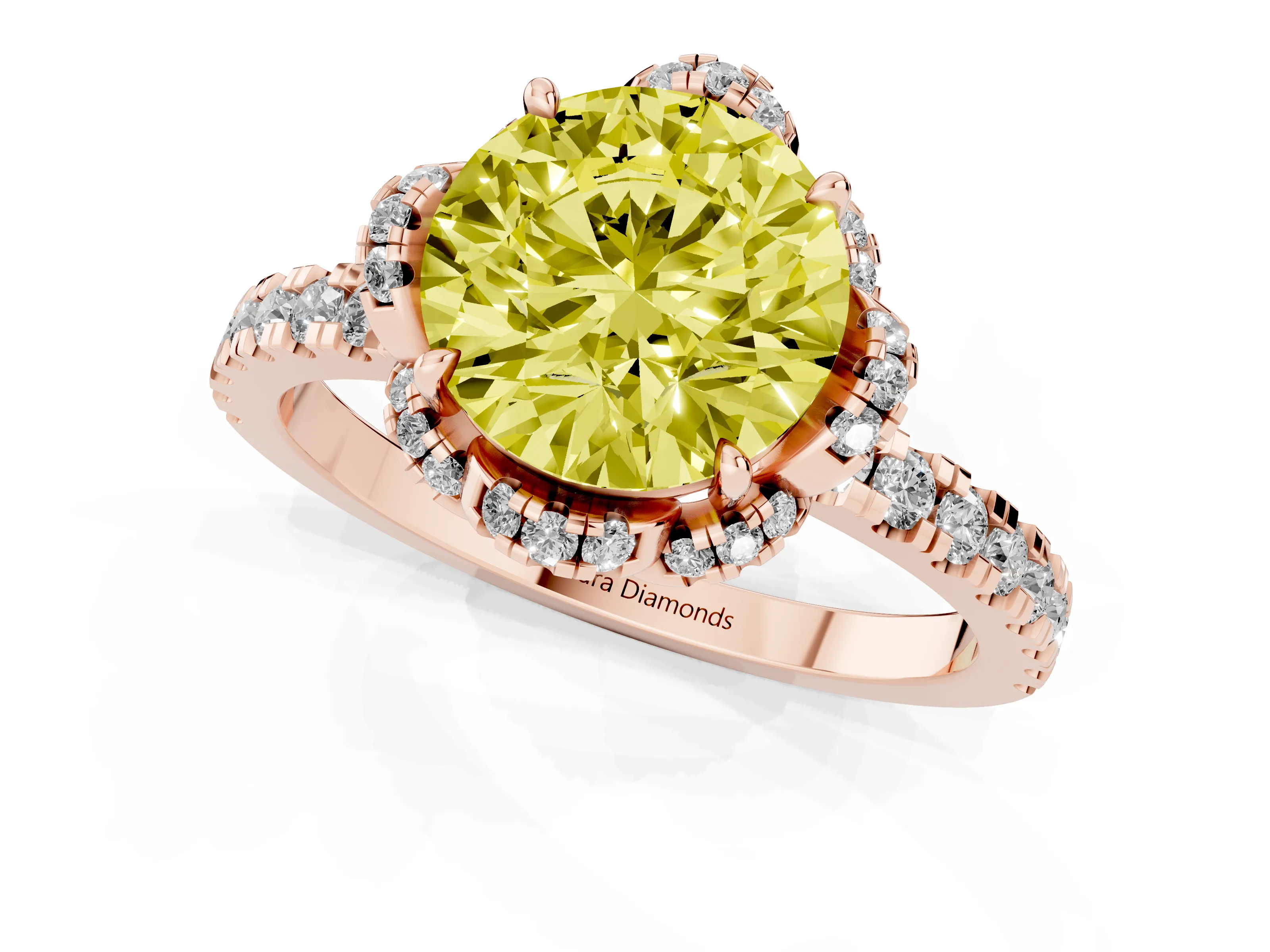 Fancy Yellow Round Cut Diamond Halo Pavé Band Ring Set in Rose gold with Prong-Held Center