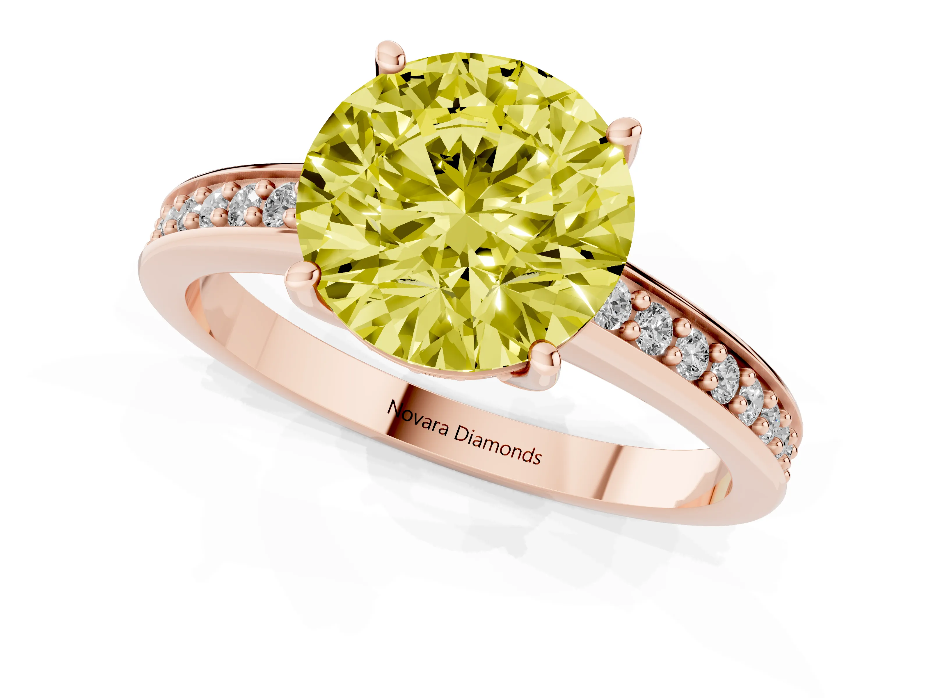 Fancy Yellow Round Cut Diamond Pavé Band Prong Set Solitaire Ring Set in Rose gold