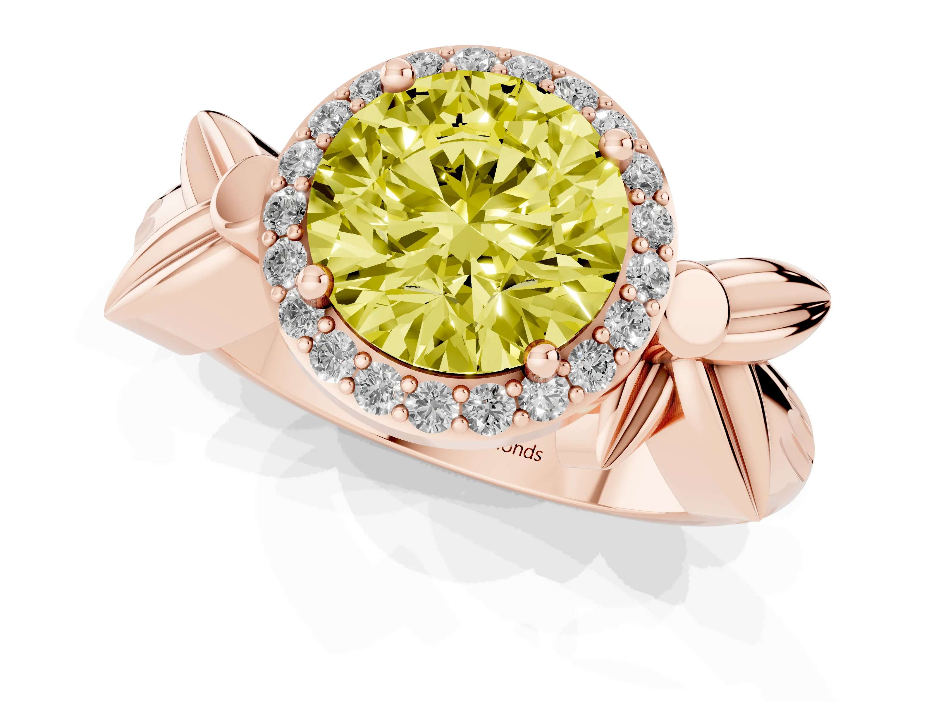 Fancy Yellow Round Cut Diamond Halo Floral Band Ring Set in Rose gold with Prong Setting
