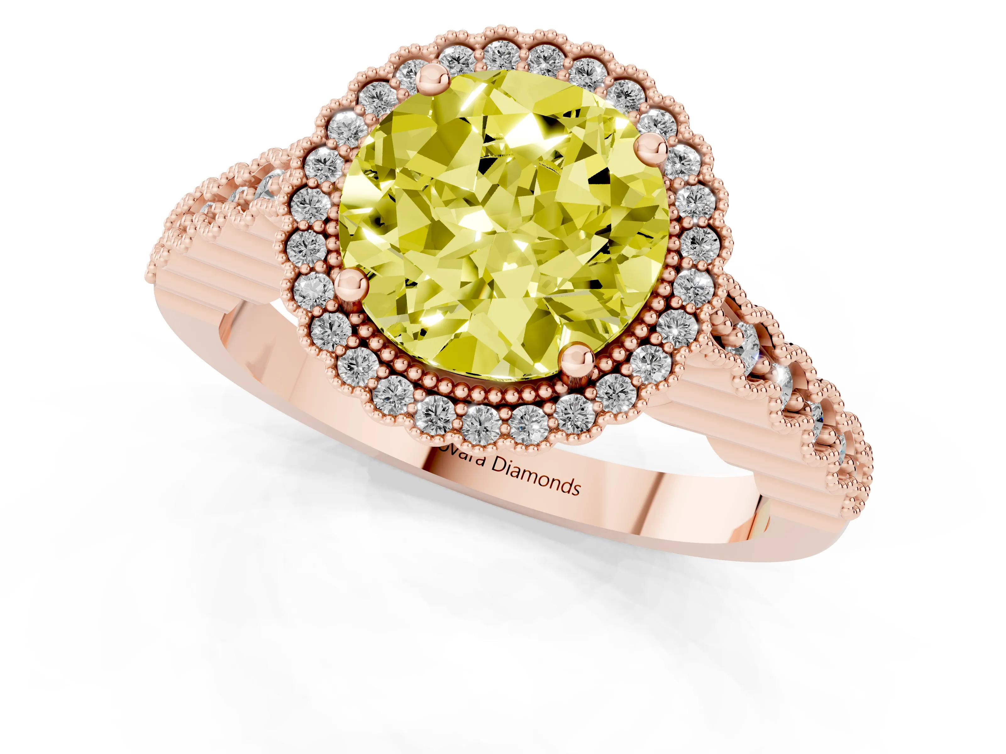Fancy Yellow Round Cut Diamond Halo Ring Set in Rose gold with Pavé Milgrain Band