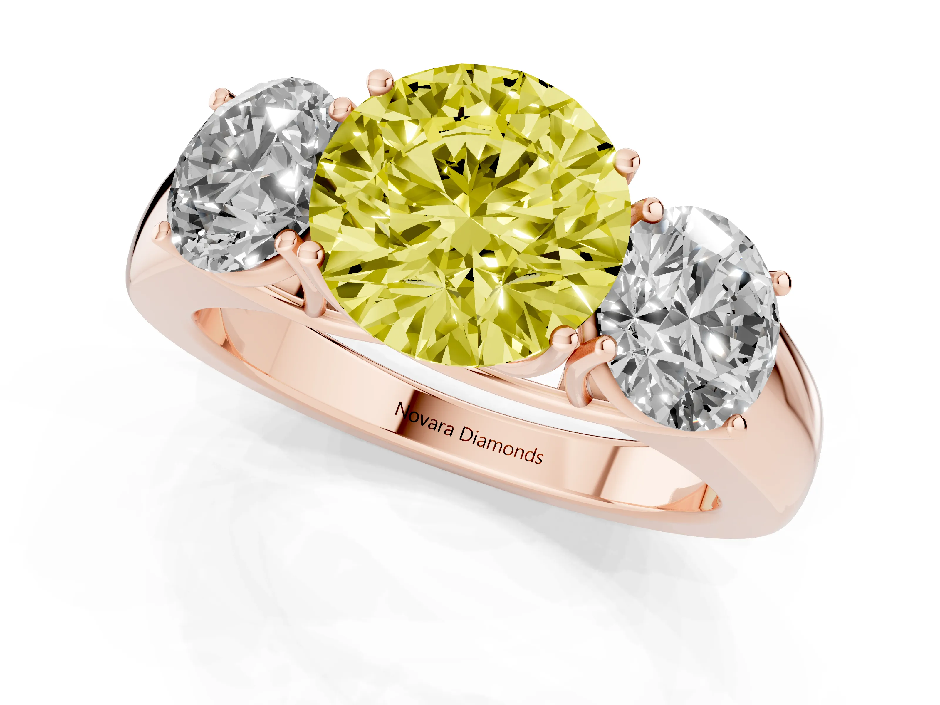 Fancy Yellow Three-Stone Round Cut Diamond Ring Set in Rose gold with Matching Prong Settings and Plain Band