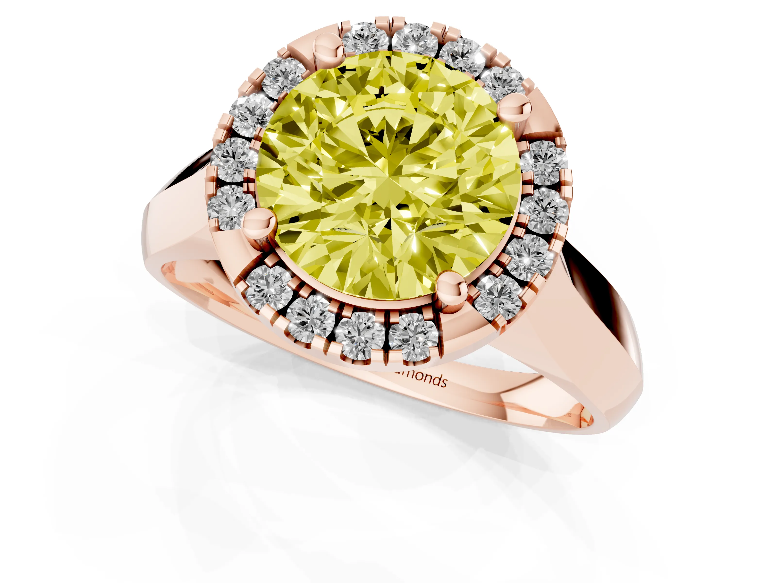 Fancy Yellow Round Cut Diamond Halo Solitaire Engagement Ring Set in Rose gold with Square Band and Prong Setting