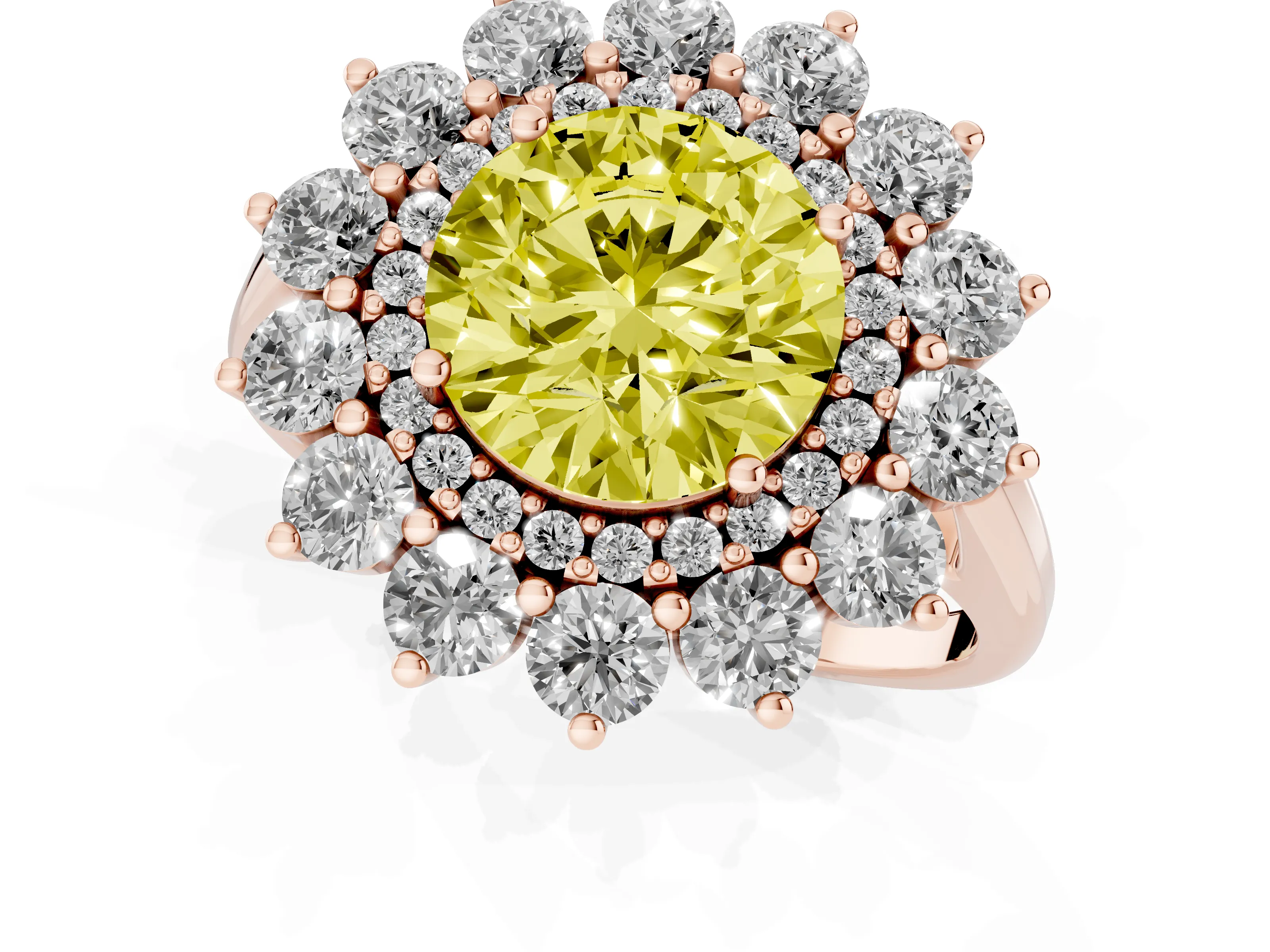 Fancy Yellow Round Cut Diamond Floral Double Halo Ring Set in Rose gold with Round Petals