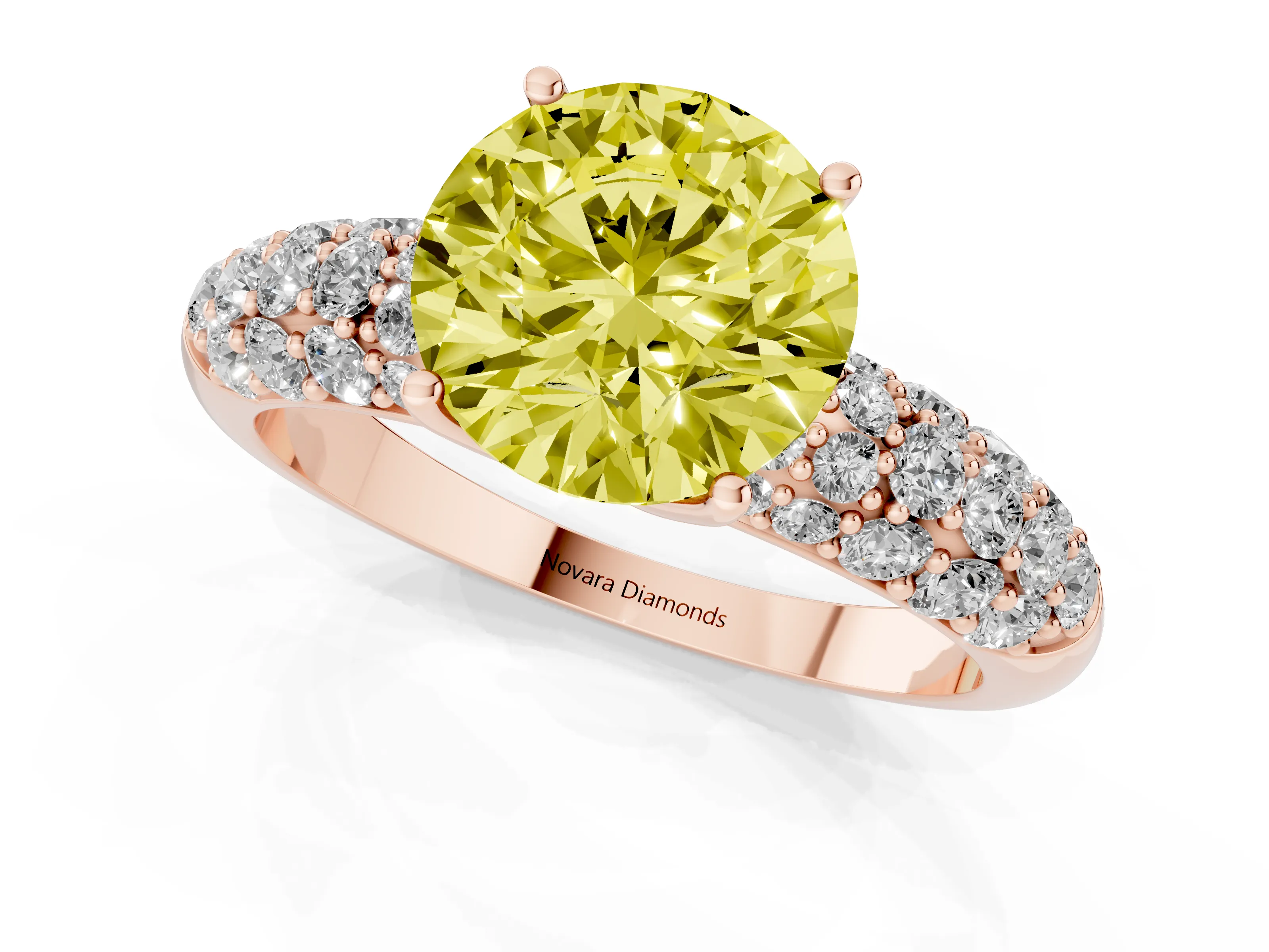 Fancy Yellow Round Cut Diamond Pavé Band Solitaire Ring Set in Rose gold with Close-Set Accent Stones and Prong Setting