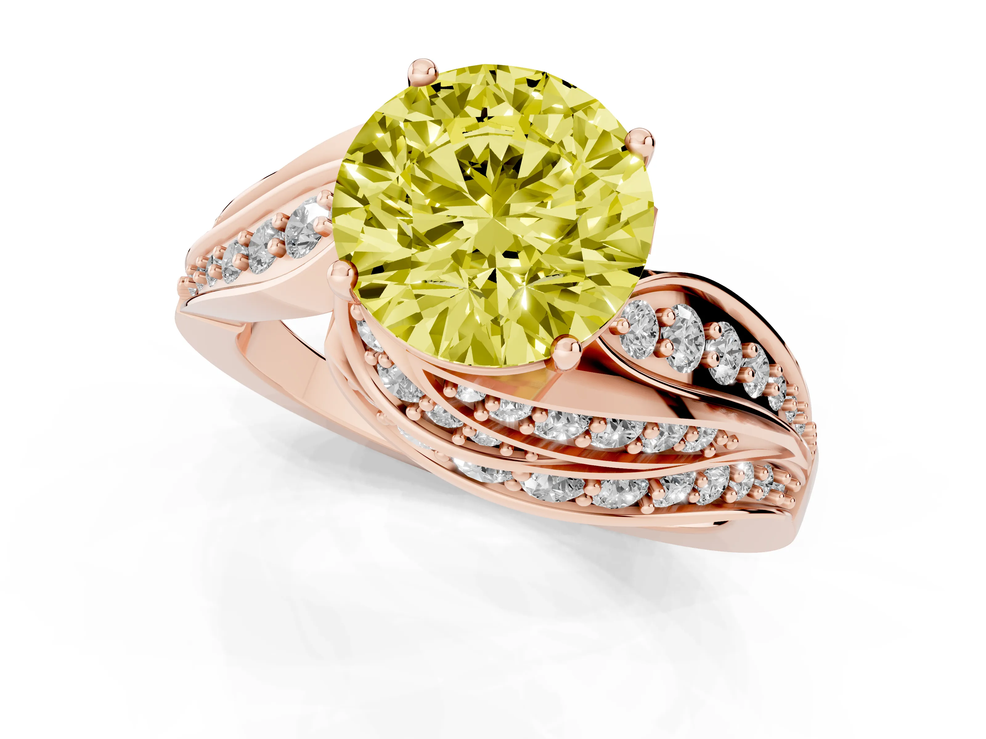 Fancy Yellow Round Cut Diamond Solitaire Ring Set in Rose gold with Layered Twist Pavé Band