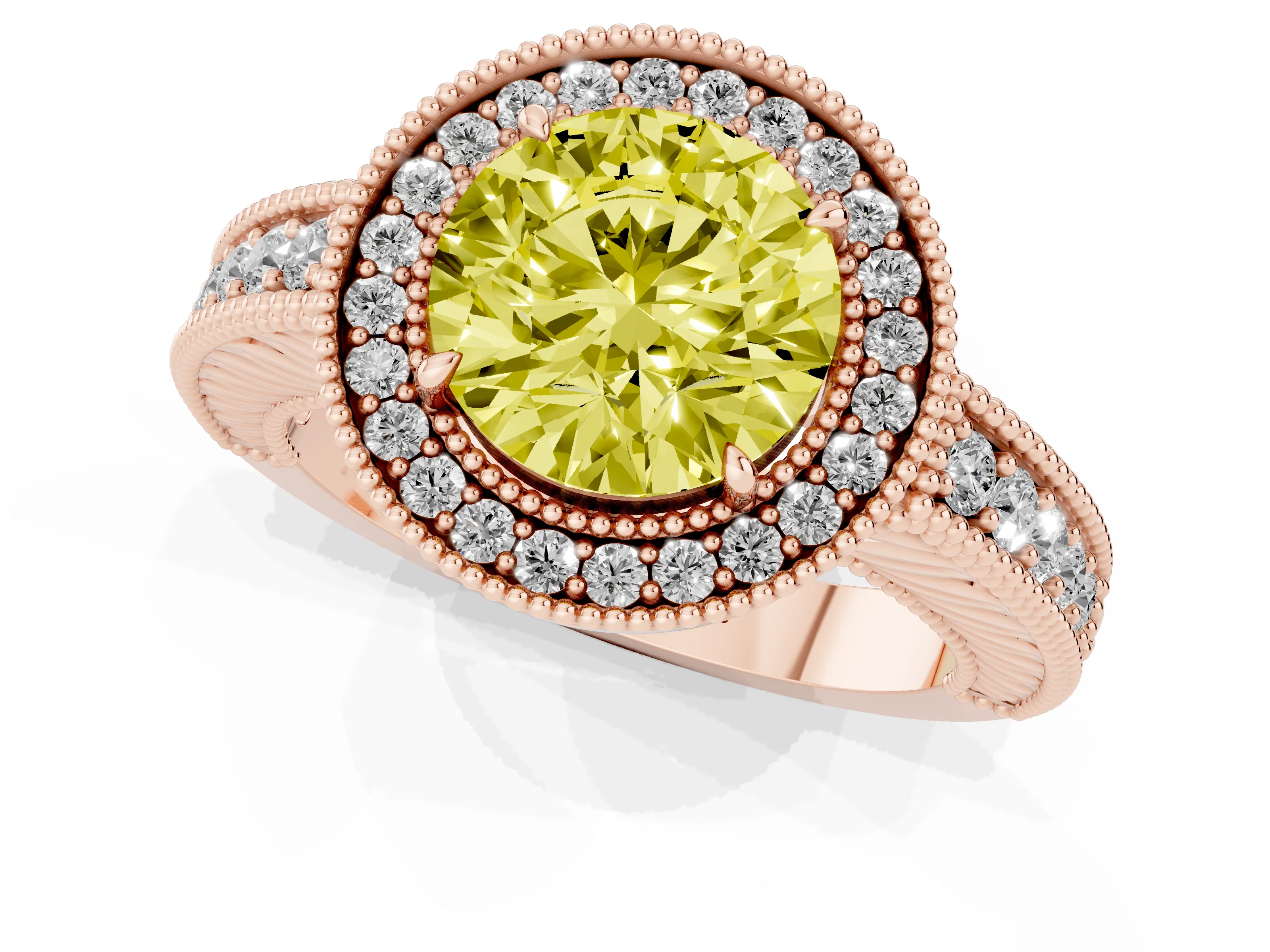 Fancy Yellow Round Cut Diamond Halo Ring Set in Rose gold with Round Accent Halo, Pavé Band and Prong Setting
