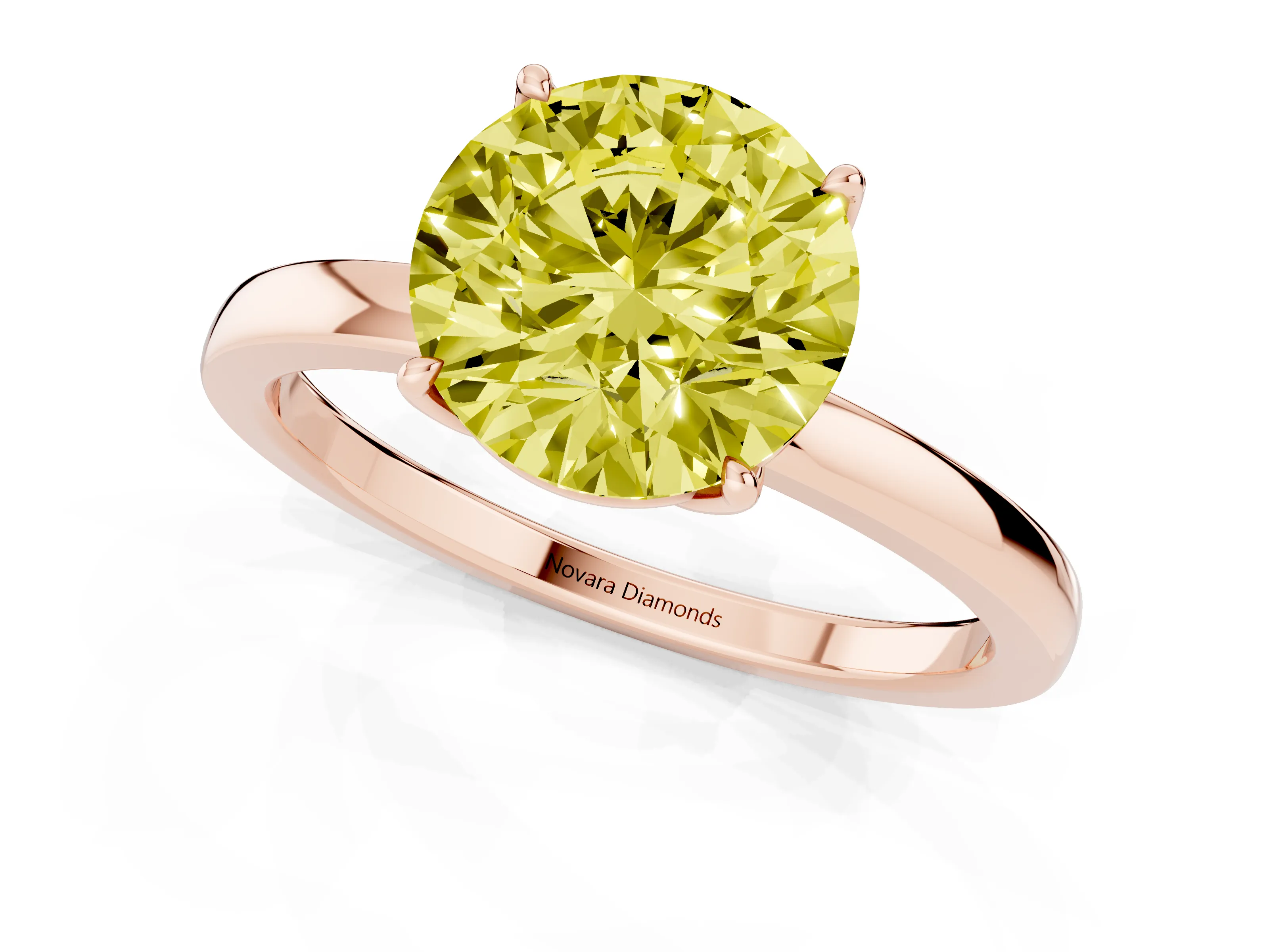 Fancy Yellow Round Cut Diamond Solitaire Ring Set in Rose gold with Prong Setting and Thin Polished Band
