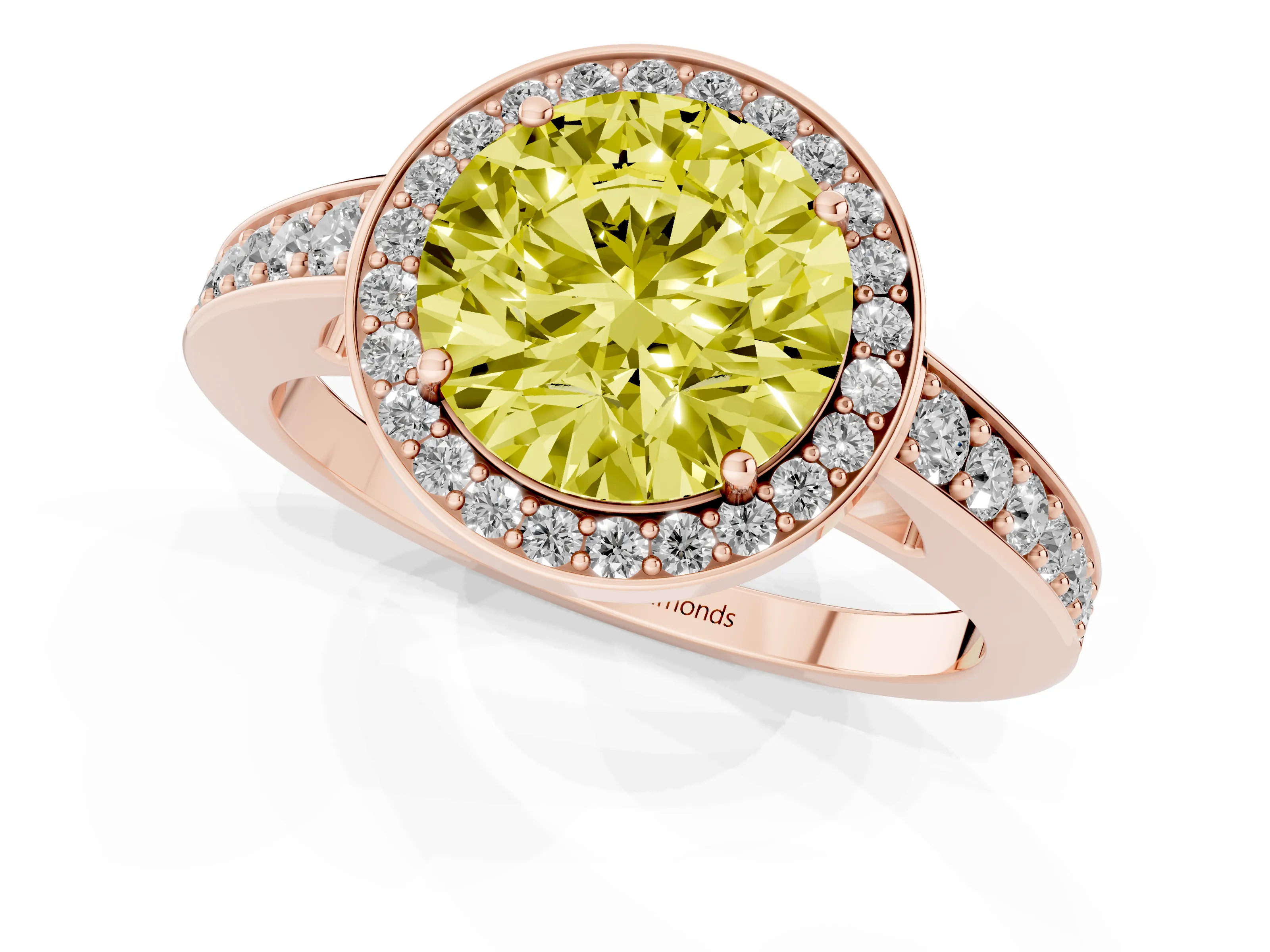 Fancy Yellow Round Cut Diamond Halo Pavé Engagement Ring Set in Rose gold with Bezel Setting