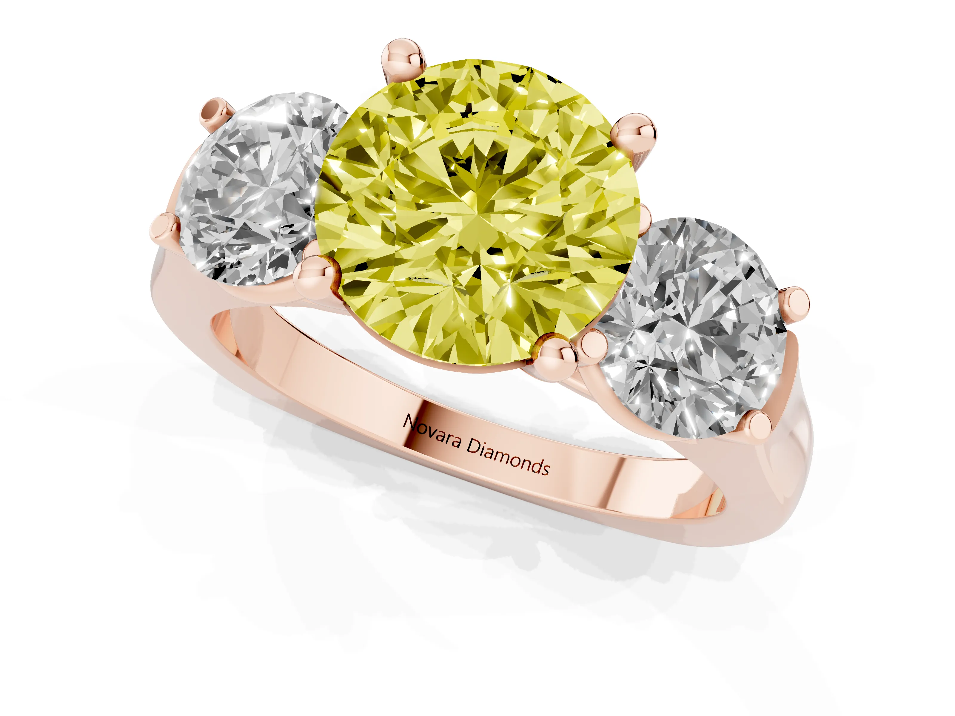 Fancy Yellow Round Cut Diamond Three-Stone Trellis Ring Set in Rose gold with Comfort Fit Band