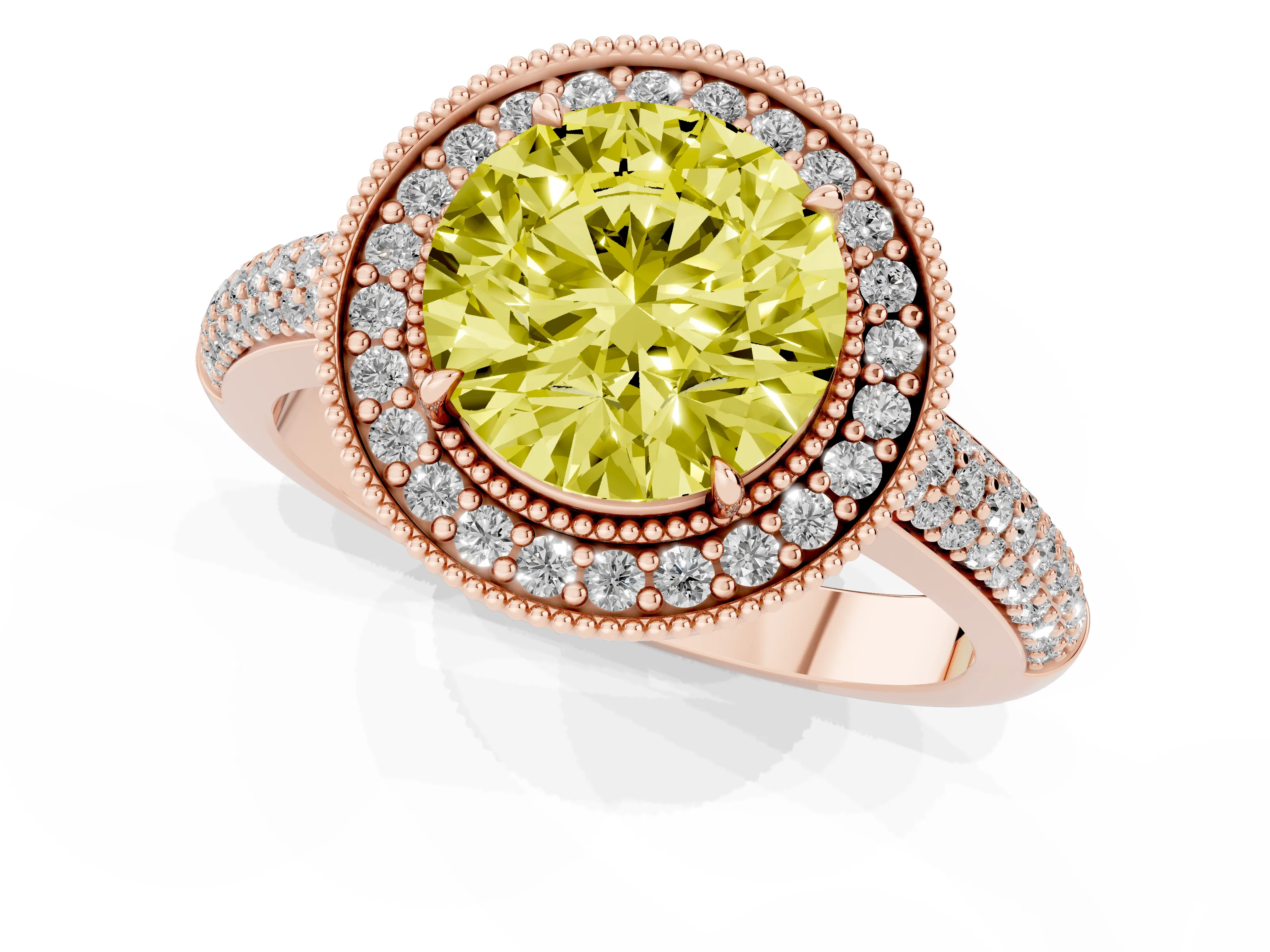 Fancy Yellow Round Cut Diamond Halo Pavé Band Set in Rose gold with Prong Setting