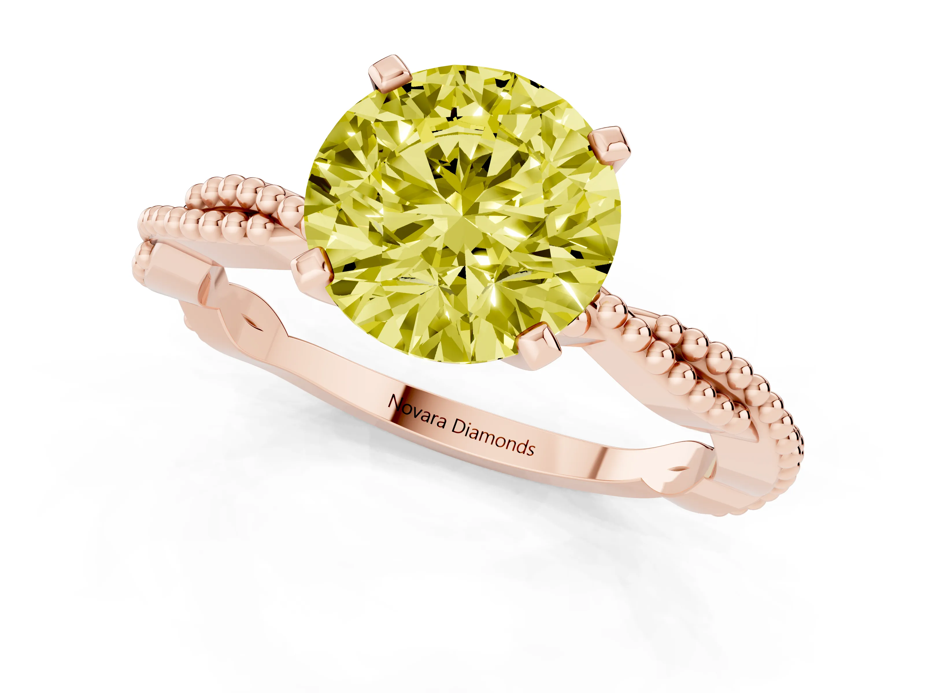 Fancy Yellow Round Cut Diamond Solitaire Ring Set in Rose gold with Twisted Band and Bead Prong Setting