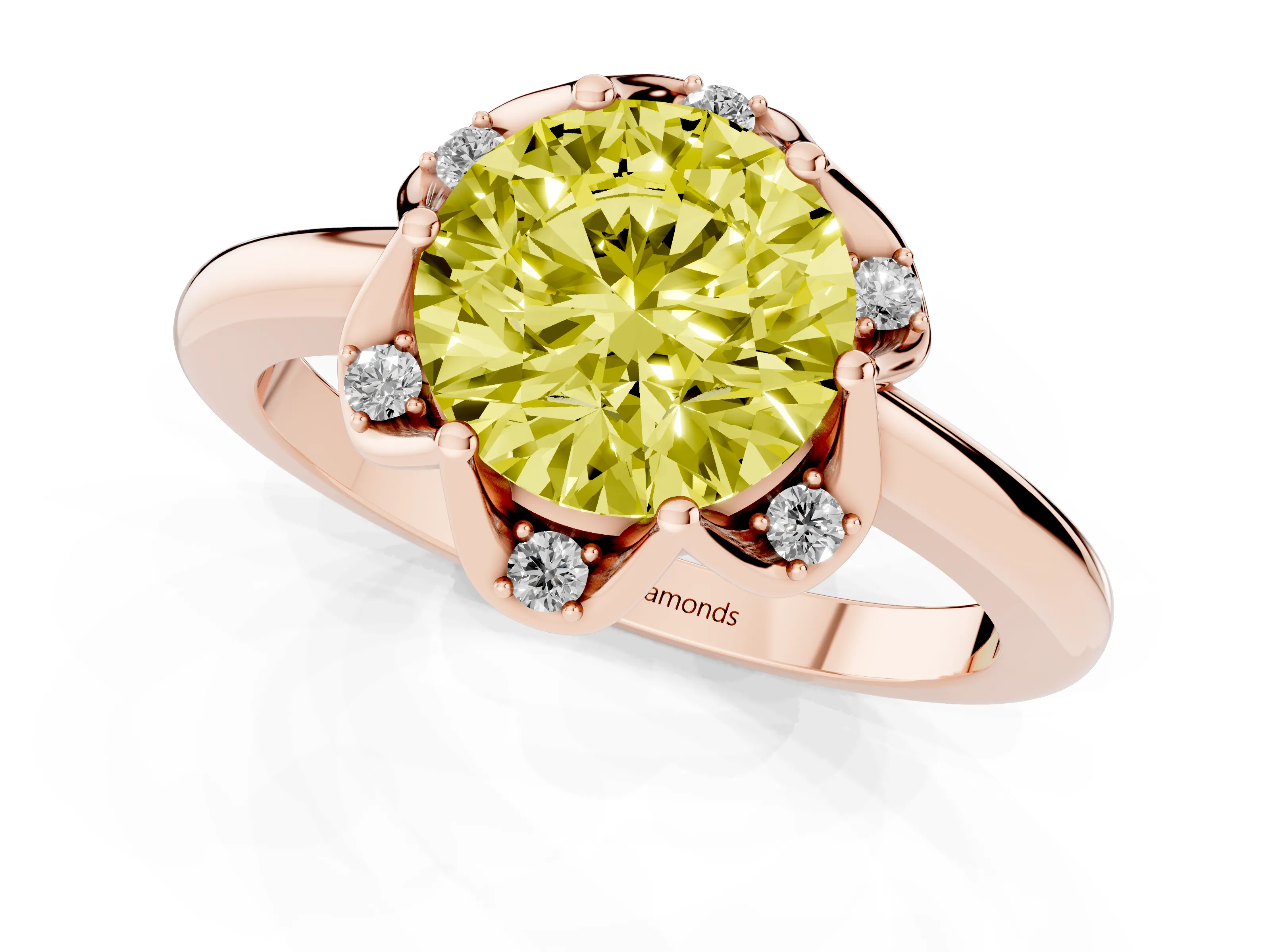 Fancy Yellow Round Cut Diamond Round Cluster Halo Ring Set in Rose gold with Solitaire Band and Prong Setting
