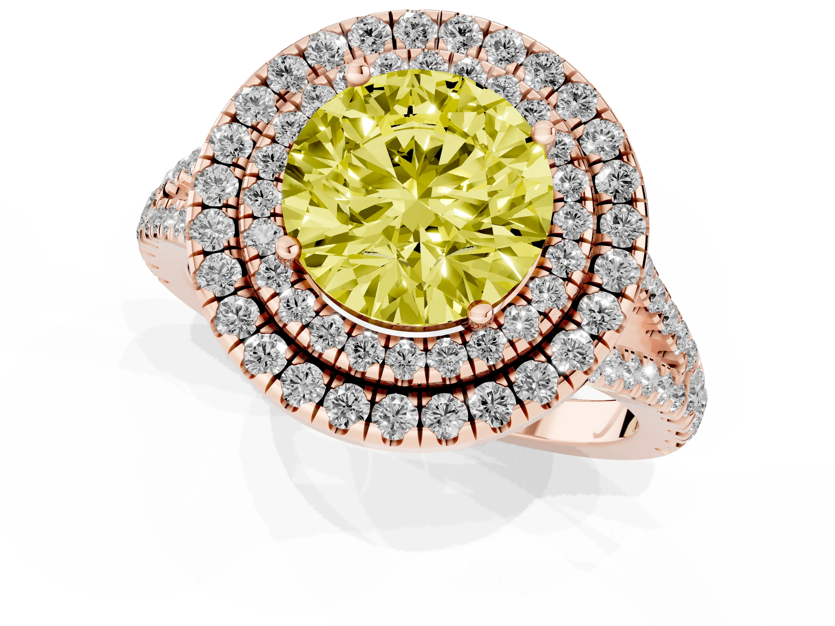 Fancy Yellow Round Cut Diamond Double Halo Ring Set in Rose gold with Pavé Band