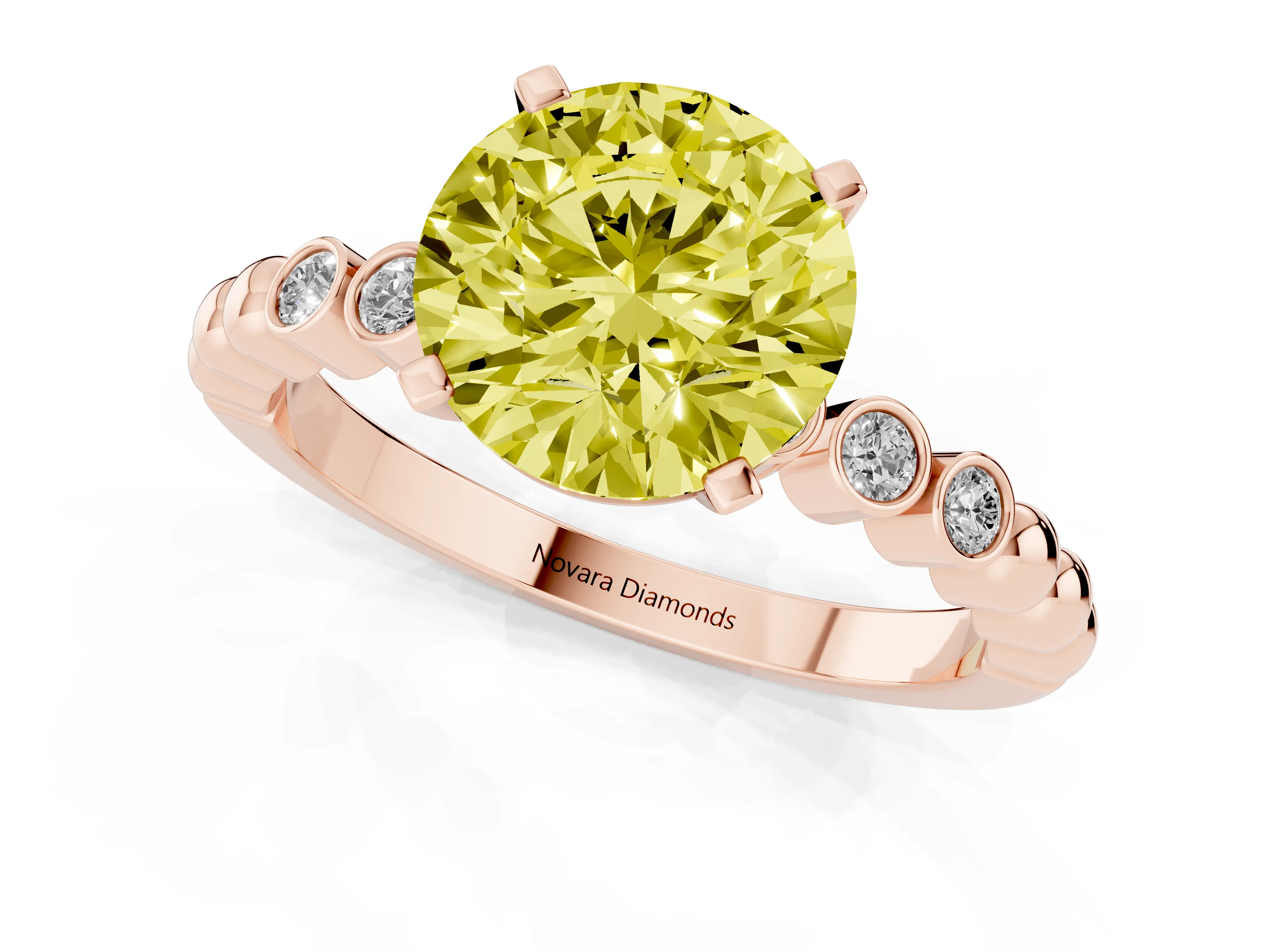 Fancy Yellow Round Cut Diamond Solitaire Engagement Ring Set in Rose gold with Bezel Accents on Beaded Band