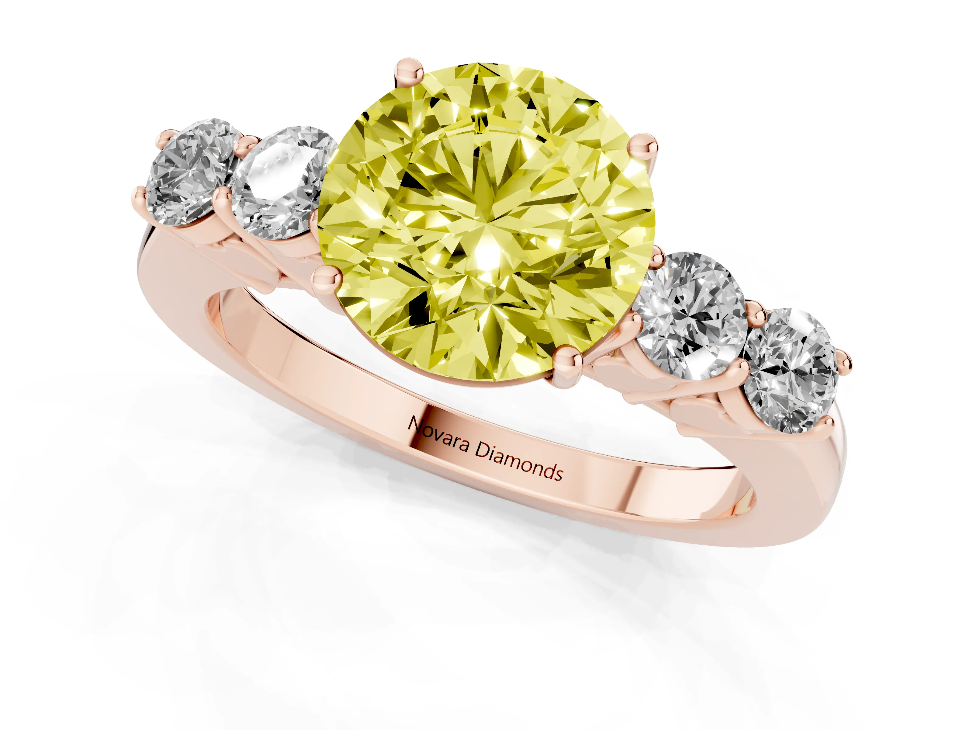 Fancy Yellow Round Cut Diamond Five-Stone Prong Set Band Ring Set in Rose gold with Polished Band
