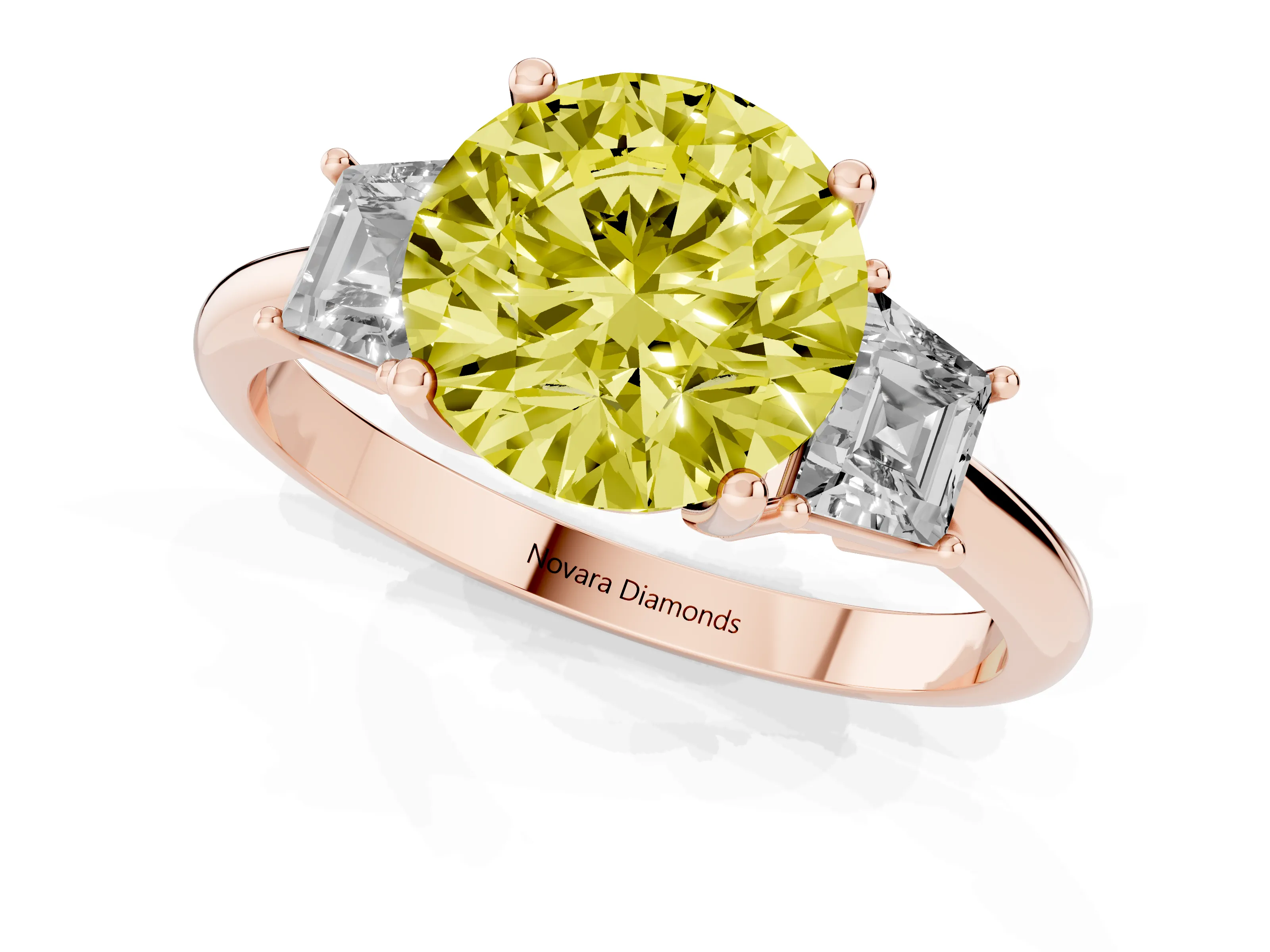 Fancy Yellow Round Cut Diamond Three-Stone Ring Set in Rose gold with Trapezoid Side Stones and Prong Setting