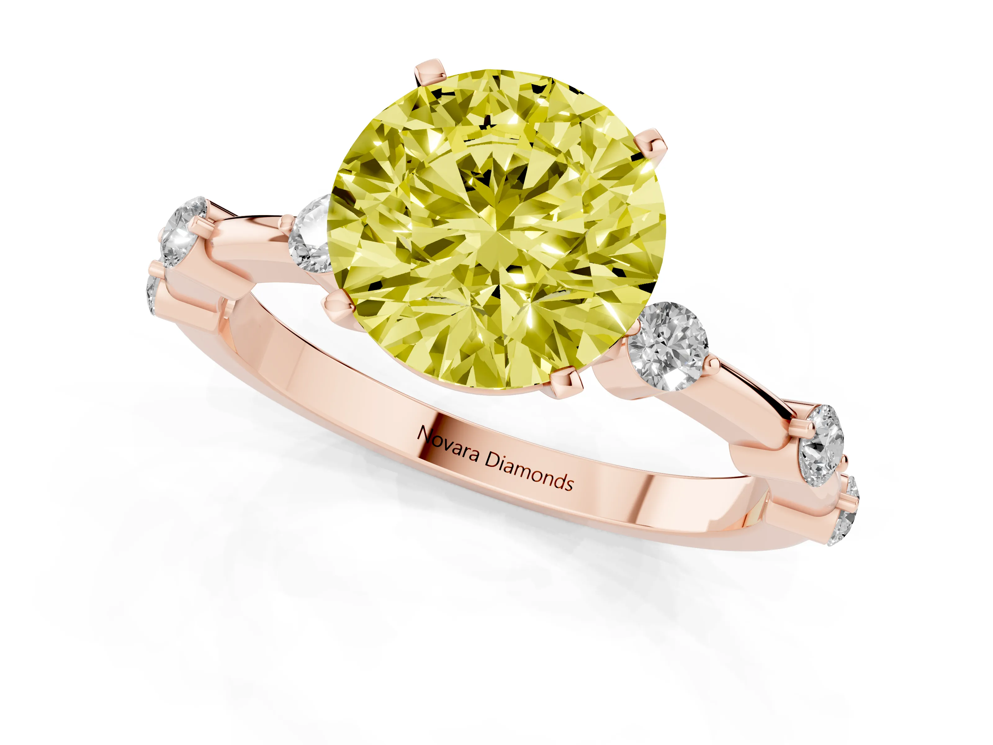 Fancy Yellow Round Cut Diamond Solitaire Ring Set in Rose gold with Bezel Set Side Stones and Prong Setting