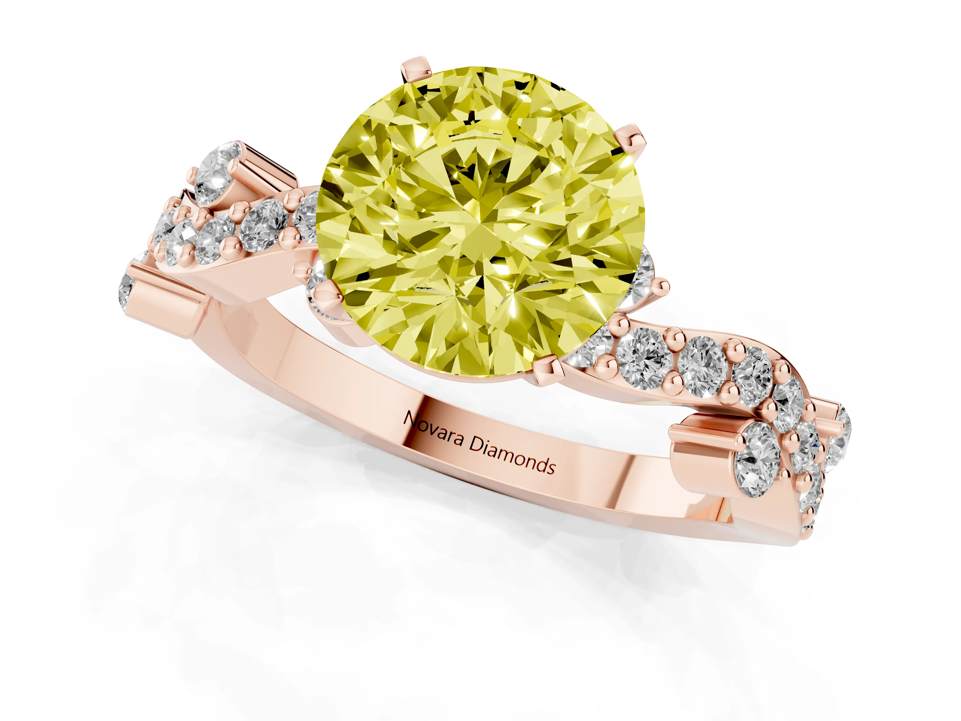 Fancy Yellow Round Cut Diamond Solitaire Twisted Band Set in Rose gold with Pavé Setting