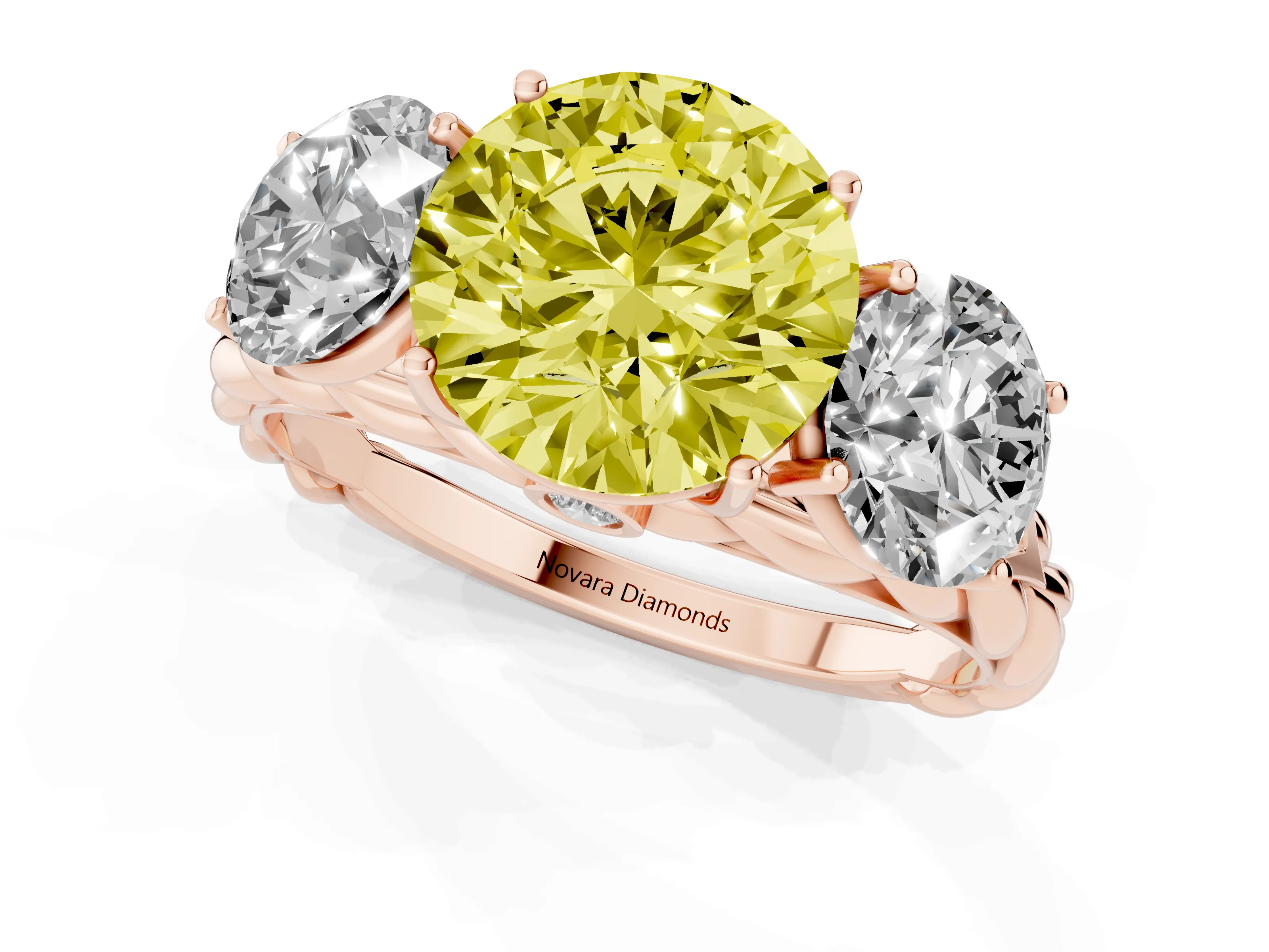 Fancy Yellow Round Cut Diamond Three-Stone Ring Set in Rose gold with Braided Band